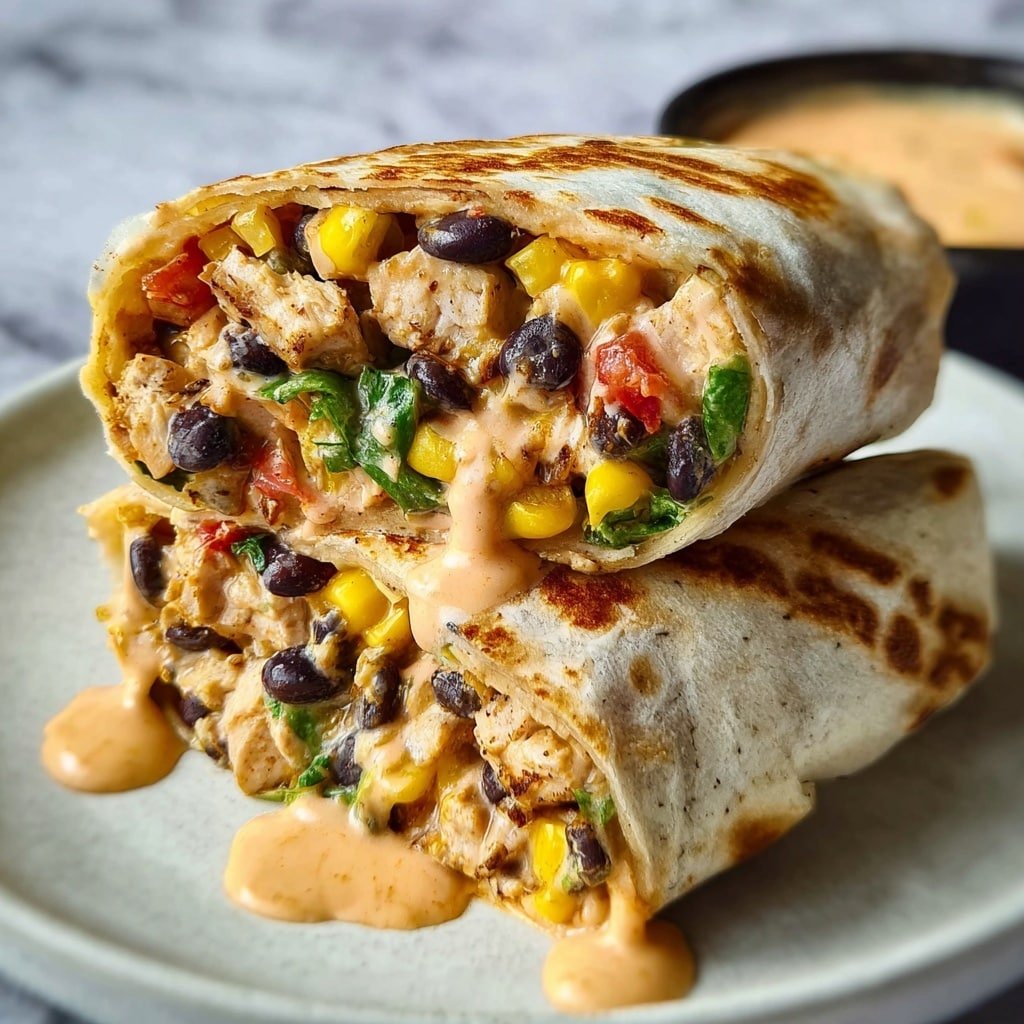 Two halves of a grilled wrap are stacked on a white plate with a white marbled texture background. The wrap has a light golden-brown, slightly toasted outer layer. Inside, the first layer shows grilled light brown chicken pieces mixed with bright yellow corn kernels and black beans. There are bits of green leafy vegetables and small red tomato pieces scattered inside. A creamy light orange sauce is spread generously over the filling, slightly dripping from the bottom half. The texture inside looks fresh and moist with a mix of soft chicken, crunchy corn, and smooth sauce. Photo taken with an iphone --ar 1:1 --v 7 — Southwest Chicken Wraps, Southwest Chicken Wraps recipe, spicy chicken wraps, easy chicken wraps, flavorful wrap ideas