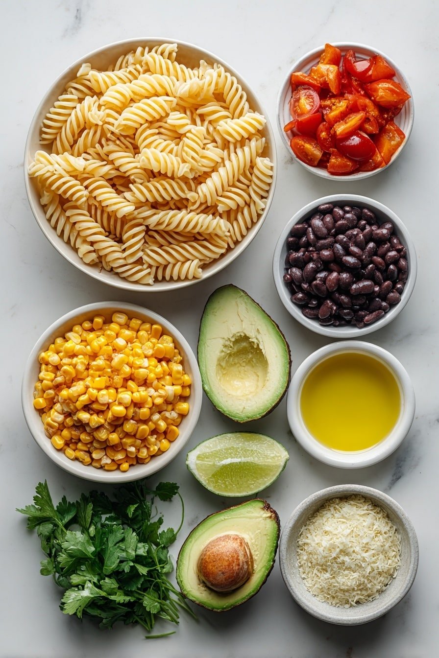 Mexican Pasta Salad Recipe - Ingredients Image — Mexican Pasta Salad, Mexican Pasta Salad Ingredients, How to Make Mexican Pasta Salad, Easy Mexican Pasta Salad, Fresh Mexican Pasta Salad