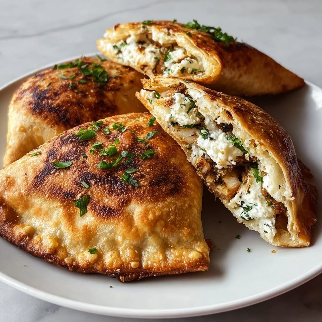 The image shows three golden brown stuffed pockets on a white plate with a white marbled surface underneath. Each pocket is crispy with a slightly uneven surface and browned spots from cooking. Two pockets are whole, showing the browned outer dough with a soft texture, while one is cut open to reveal two layers inside: a crumbly light brown layer and a white layer mixed with small green herbs, all tightly packed. The filling looks creamy and textured, with a contrast in colors between the golden dough, crumbly brown inner layer, and white herbed filling. Photo taken with an iphone --ar 1:1 --v 7 — Crispy Chicken Feta Pitas, chicken feta pita recipe, easy chicken pita ideas, healthy chicken pita lunches, flavorful chicken feta wraps