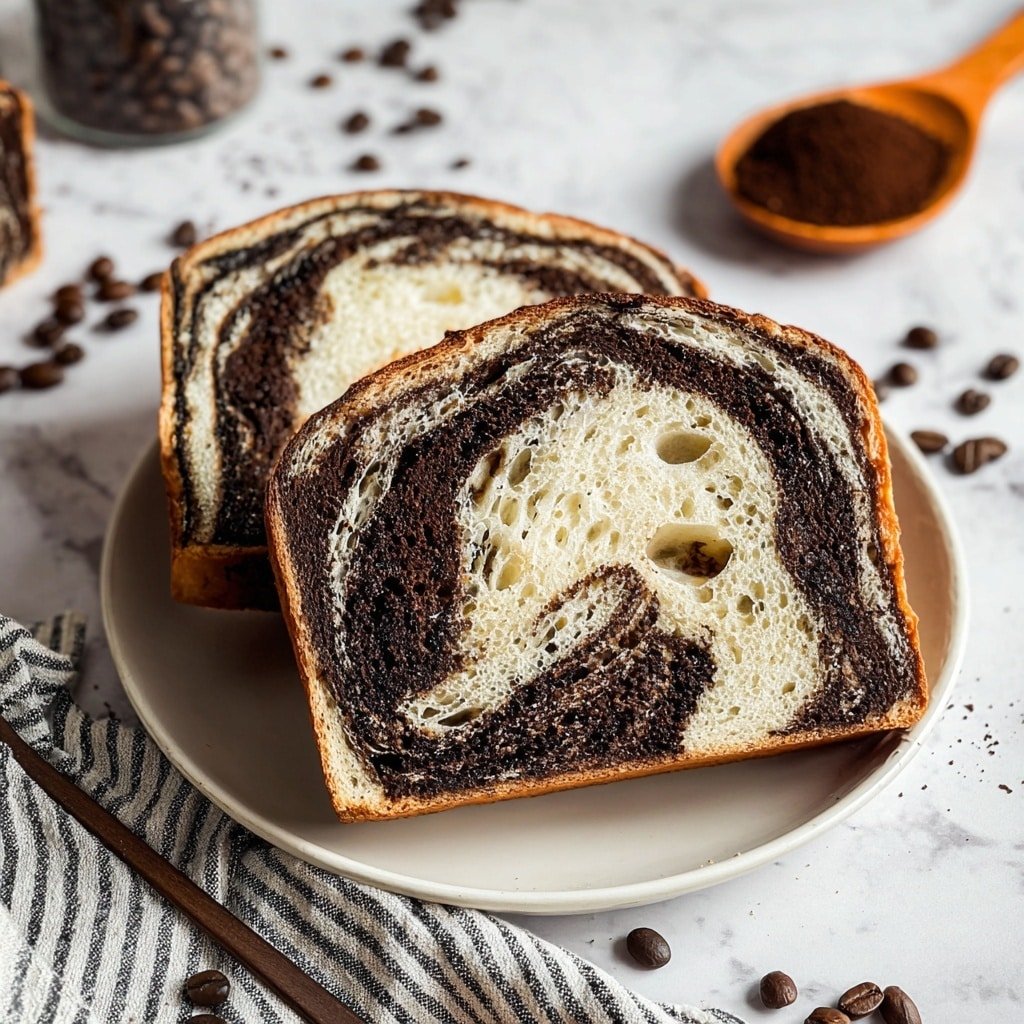 Two thick slices of swirled bread sit side by side on a white marbled surface. Each slice shows a pattern of dark brown and light beige layers twisting together in a spiral. The dark brown layers look dense and rich, while the lighter layers are airy with small holes. Coffee beans and two vanilla pods are scattered around the bread on the surface. In the blurred background, there is a white flower and green leaves against a wooden texture. The scene is brightly lit, highlighting the bread's texture. photo taken with an iphone --ar 1:1 --v 7 — Chocolate Vanilla Swirl Sourdough Bread, Chocolate Vanilla bread recipe, marbled sourdough bread, homemade flavored sourdough, artisanal bread with chocolate and vanilla