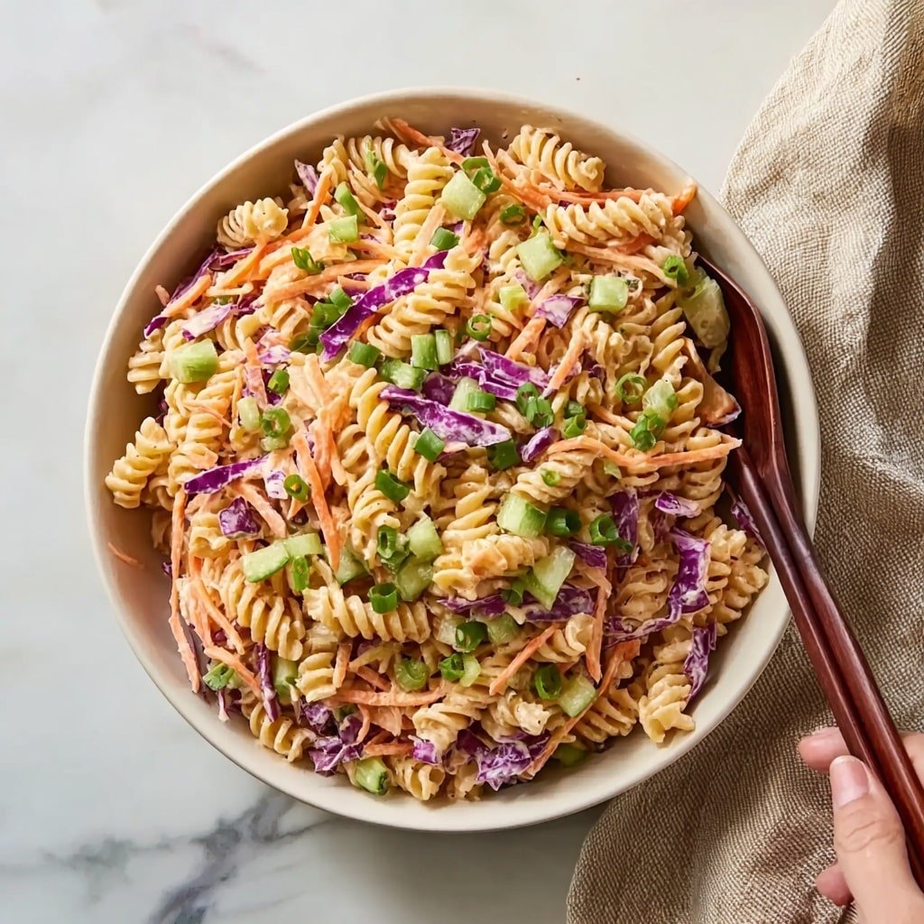 A close-up of a white bowl filled with a three-layer pasta salad. The bottom layer shows creamy light beige spiral pasta, soft and shiny. The middle layer has bright strips of purple cabbage and thin orange carrot sticks mixed well, giving a fresh crunch look. The top layer has small green slices of spring onion scattered around, along with chunks of light green cucumber pieces adding freshness. The bowl sits on a neutral beige cloth with wooden chopsticks placed beside it on a white marbled surface. photo taken with an iphone --ar 1:1 --v 7 — High Protein Asian Pasta Salad, Asian Pasta Salad, protein-packed pasta salad, healthy Asian pasta recipes, quick nutritious pasta dishes