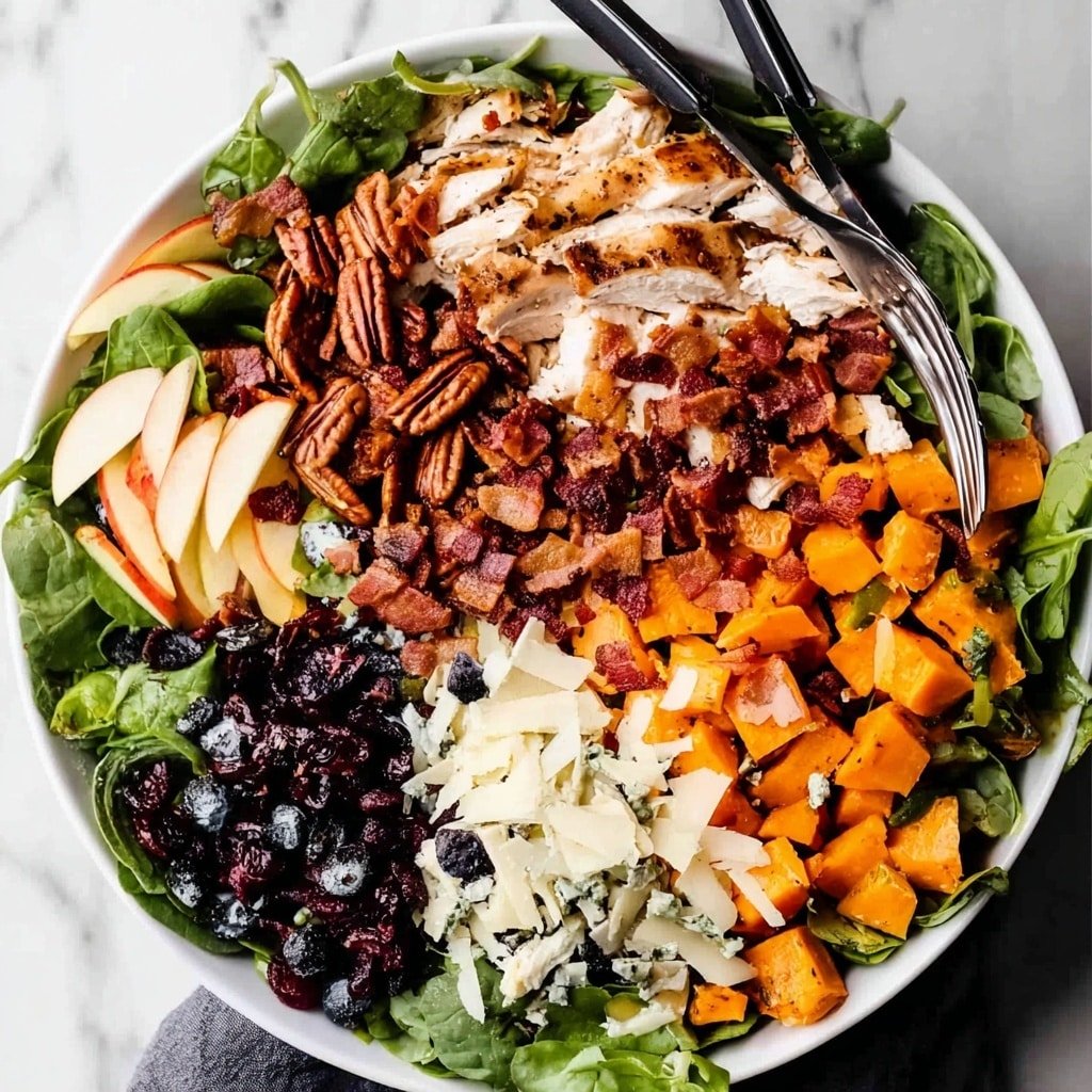 The image shows a white bowl filled with a colorful salad arranged in clear layers. At the bottom, there is a bed of green leafy spinach. On top of this, there are shredded white cooked chicken pieces in a long, central row. To the right of the chicken, there is a layer of dark red dried cranberries next to bright orange roasted butternut squash chunks. On the left side of the chicken, crispy brown bacon pieces are placed close to small red and white apple cubes. At the far left edge of the bowl, there is a thick layer of toasted brown pecans. Scattered lightly over the bottom left and top left area are thin white shavings of parmesan cheese. A black serving spoon rests on the left side of the bowl. The background surface is white marbled. photo taken with an iphone --ar 1:1 --v 7 — Fall Harvest Salad with Roasted Butternut Squash, autumn salad recipes, seasonal fall salads, roasted butternut squash salad, healthy fall dinner ideas