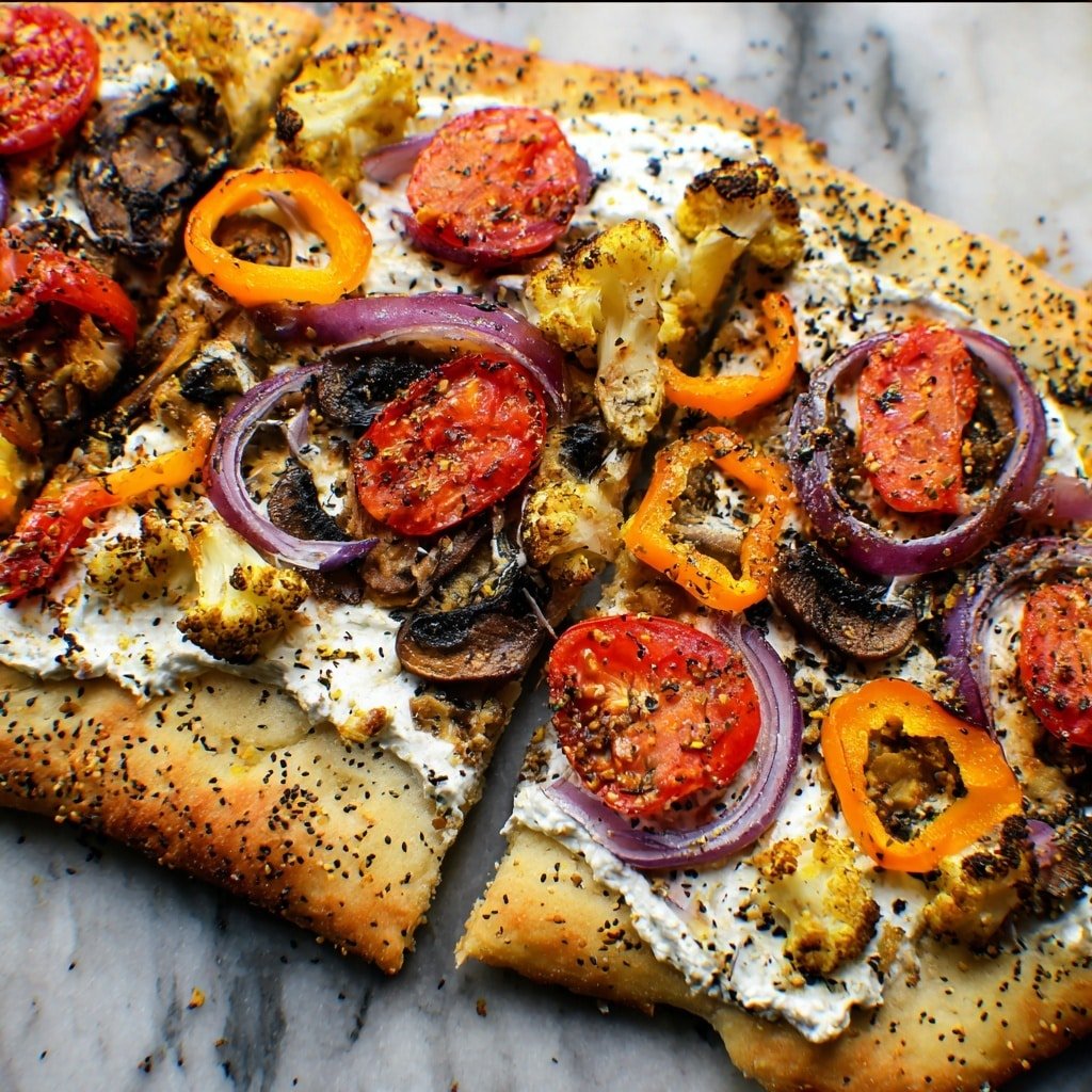 A close-up shows a flat round pizza with a thick, golden brown crust sprinkled with black seeds and small dark spots. The pizza has one main layer of soft white cheese spread, topped with a mix of colorful roasted vegetables including halved cherry tomatoes in bright red, thin rings of purple onion, thin curved slices of orange bell pepper, artichoke pieces with a slightly browned edge, and small crumbly bits of cheese scattered on top. The surface under the pizza is a white marbled texture. photo taken with an iphone --ar 1:1 --v 7 — Gyro Pizza with Tzatziki Sauce, homemade gyro pizza recipe, Greek-inspired pizza, easy gyro pizza with creamy sauce, flavorful Mediterranean pizza