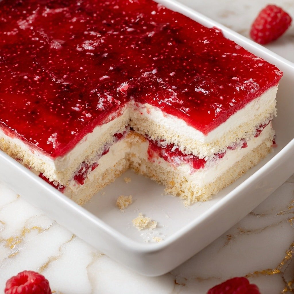 A rectangular white ceramic baking dish filled with a thick, glossy deep red raspberry topping that evenly covers the entire surface. The raspberry layer has a textured look with visible seeds and a shiny finish. On the top left corner, there are three fresh lemon slices partially tucked under several bright red raspberries, while a few loose raspberries are scattered in the bottom right corner. The dish rests on a white marbled surface with a white cloth on the left side and two silver forks placed on the right side. A small white plate with lemon slices and raspberries is positioned on the top left, while a smaller plate full of fresh raspberries appears on the right side near the top. Photo taken with an iphone --ar 1:1 --v 7 — Raspberry Tiramisu, raspberry tiramisu recipe, homemade raspberry dessert, easy raspberry tiramisu, fruity mascarpone dessert