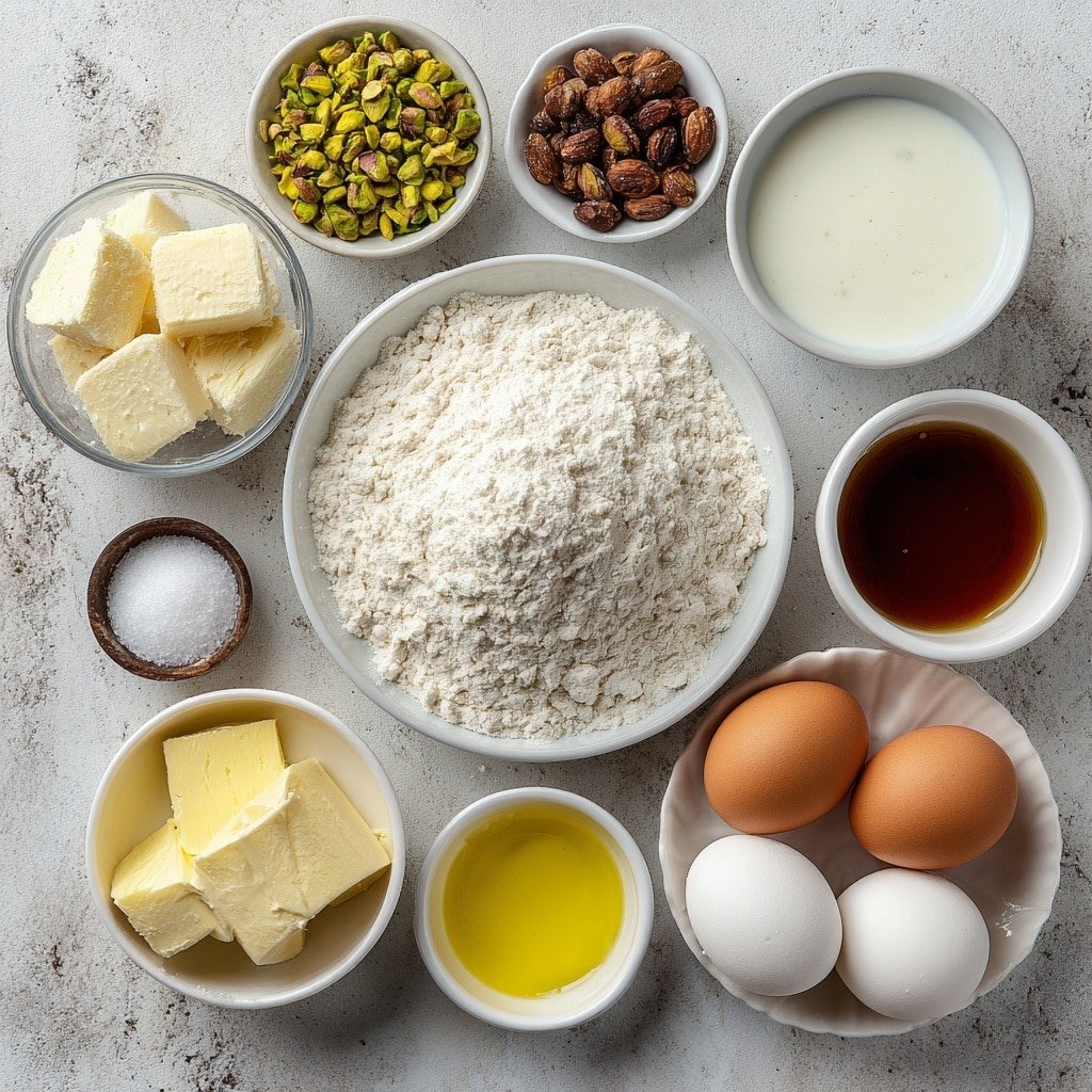 Flat lay of a small mound of all-purpose flour on a simple white ceramic plate, a neat pile of granulated sugar in a small white bowl, roughly chopped unsalted pistachios scattered beside the bowl, a small white bowl filled with whole milk, another small white bowl containing clear rose water, a white ceramic dish with baking powder, three large whole eggs with clean shells arranged symmetrically, melted unsalted butter in a small white bowl, a small white bowl with vanilla extract, and a tiny white dish holding a pinch of salt, all ingredients fresh and natural, perfectly balanced and symmetrical, placed on a clean white marble surface, soft natural light, photo taken with an iPhone, professional food photography style, fresh ingredients, white ceramic bowls, no bottles, no duplicates, no utensils, no packaging --ar 1:1 --v 7 --p m7354639359234015250 — Pistachio Rose Milk Cake, floral nutty cake, easy pistachio rose cake, homemade pistachio cake, delicate floral dessert