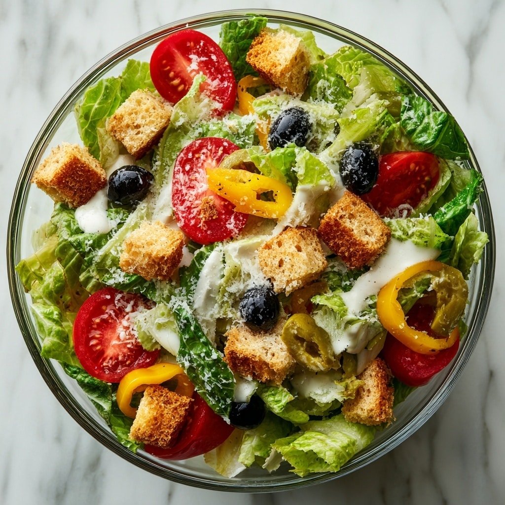 A clear glass bowl with layers of fresh green lettuce leaves at the base, topped with bright red tomato slices, small black olives, yellow pepperoncini peppers, and crunchy light brown croutons evenly spread. The salad is sprinkled with white grated cheese and covered lightly with creamy dressing. Two wooden salad spoons rest inside the bowl on the right side. The bowl sits on a white marbled surface. Photo taken with an iphone --ar 1:1 --v 7 — Olive Garden Salad with Zesty Dressing, Olive Garden Salad, Copycat Olive Garden Salad, Easy Italian Salad Recipe, Vibrant Salad Side Dish