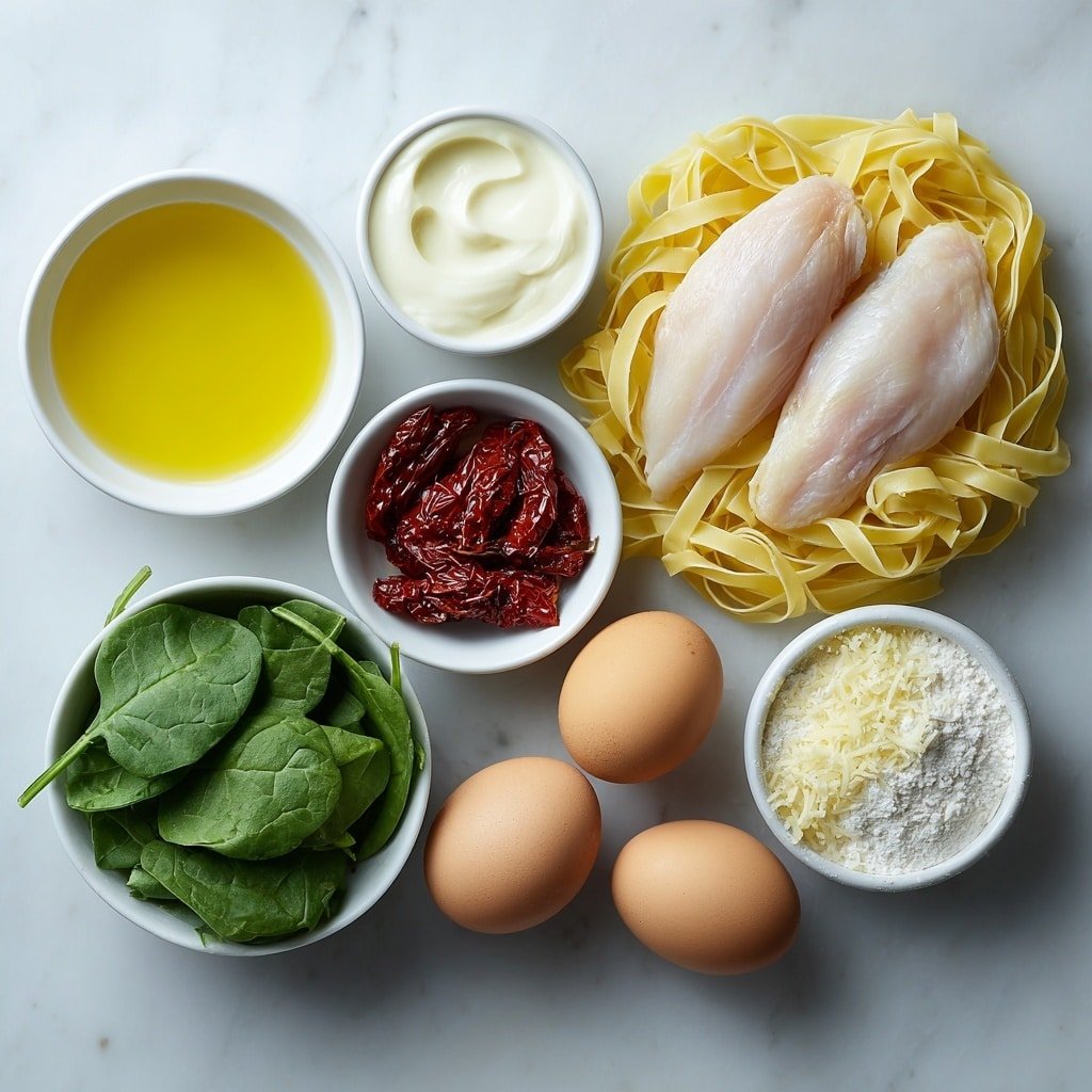 Flat lay of fresh fettuccine pasta nest, two raw chicken breasts sliced lengthwise, a small white bowl of golden olive oil, a small white bowl of creamy heavy cream, a small white bowl of bright green pesto, a small white bowl of rich chicken broth, a small white bowl of deep red sun-dried tomatoes, a handful of vibrant fresh baby spinach leaves arranged neatly, two whole brown eggs with clean shells, a small pile of pale all-purpose flour, a small wedge of fresh lemon, a small mound of freshly grated Parmesan cheese, all ingredients placed in simple white ceramic bowls or directly arranged, perfectly balanced and symmetrical composition, placed on a clean white marble surface, soft natural light, photo taken with an iPhone, professional food photography style, fresh ingredients, white ceramic bowls, no bottles, no duplicates, no utensils, no packaging --ar 1:1 --v 7 --p m7354639359234015250 — Creamy Pesto Chicken Pasta, easy pesto chicken pasta, irresistible chicken pasta recipes, quick weeknight pasta dishes, delicious pesto pasta idea