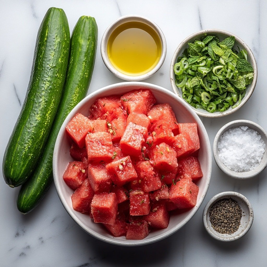 Flat lay of a large white ceramic bowl filled with vibrant one-inch cubes of fresh watermelon, a long English cucumber sliced into thin rounds beside it, six crisp green onions sliced diagonally arranged neatly next to the cucumber, a small white bowl holding finely chopped fresh mint leaves, another small white bowl containing extra virgin olive oil with a golden sheen, a small white bowl filled with dark, aged balsamic vinegar, a small white bowl with coarse black pepper, and a small white bowl of fine white salt arranged symmetrically around the central watermelon bowl, all placed on a clean white marble surface, soft natural light, photo taken with an iPhone, professional food photography style, fresh ingredients, white ceramic bowls, no bottles, no duplicates, no utensils, no packaging --ar 1:1 --v 7 --p m7354639359234015250 — Watermelon Cucumber Salad with Balsamic Dressing, Summer fruit salad, Healthy watermelon cucumber salad, Fresh fruit and vegetable salad, Balsamic dressing salad