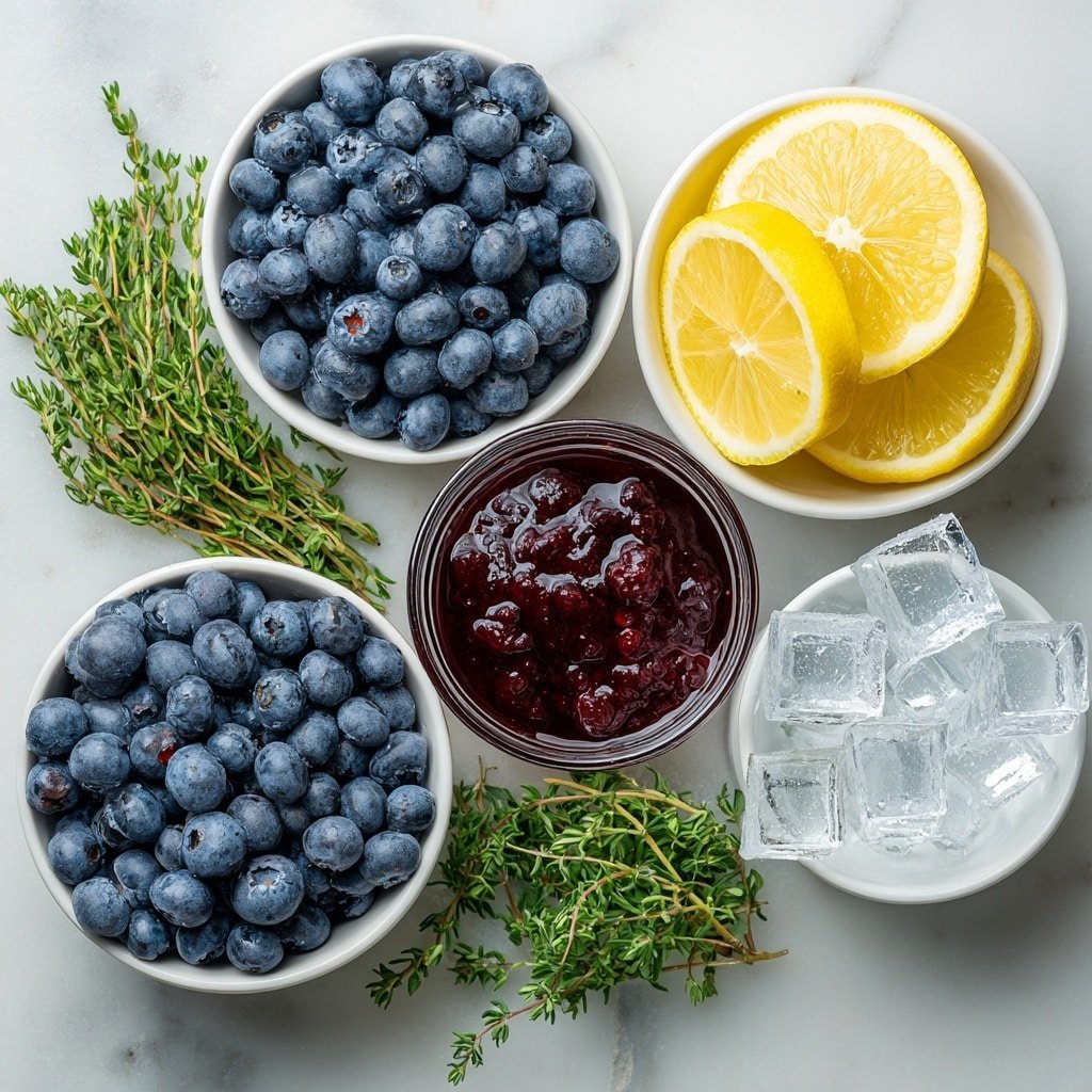 Flat lay of fresh blueberries scattered beside a small white ceramic bowl of whole plump blueberries, a few sprigs of green thyme arranged neatly, a small white ceramic bowl filled with deep purple blueberry syrup, a small white ceramic bowl holding bright yellow fresh lemon wedges, a small white ceramic bowl of clear ice cubes, and a small white ceramic bowl with clear club soda bubbles—all placed with perfect symmetry on a clean white marble surface, soft natural light, photo taken with an iPhone, professional food photography style, fresh ingredients, white ceramic bowls, no bottles, no duplicates, no utensils, no packaging --ar 1:1 --v 7 --p m7354639359234015250 — Blueberry Gin Fizz, blueberry cocktail, gin drinks, summer cocktails, easy cocktail recipes