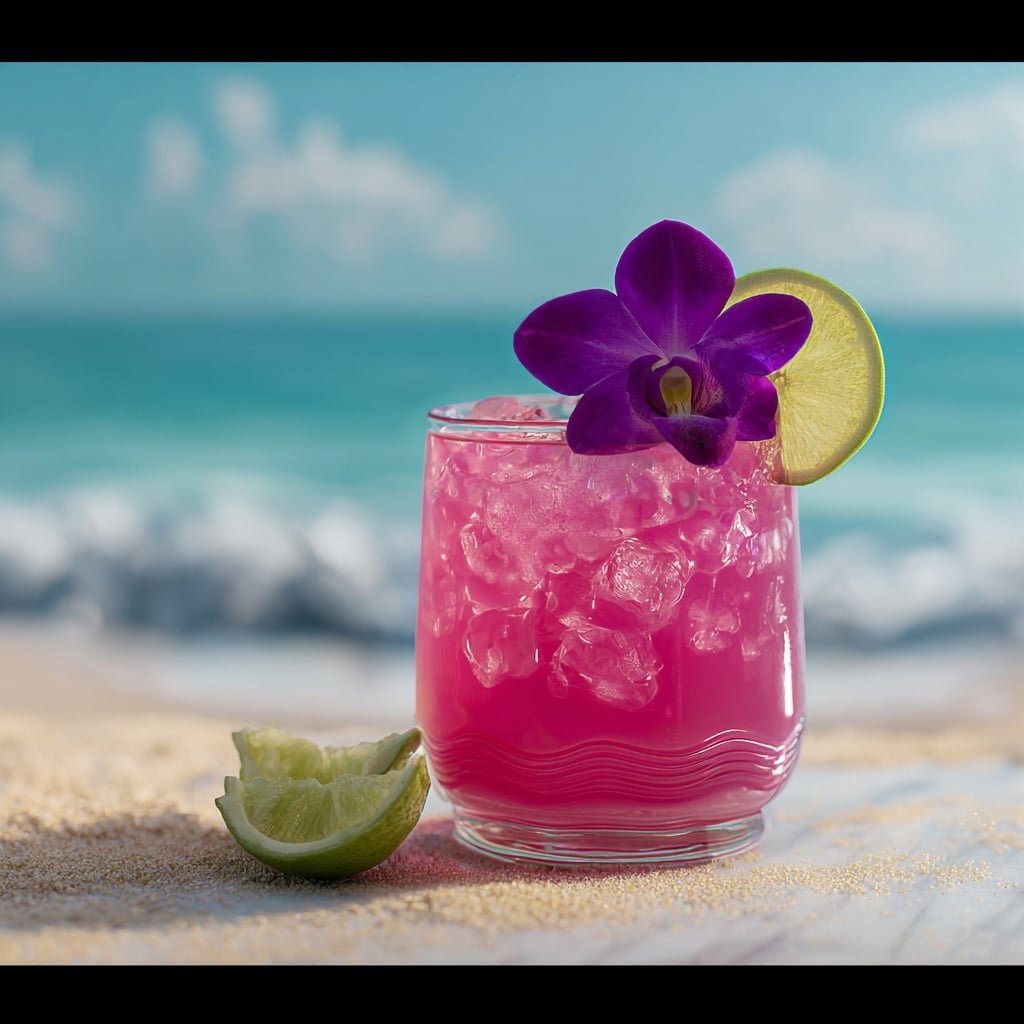 A bright pink drink fills a clear glass with a wavy texture, showing layers of icy cubes inside. On top, there is a vibrant purple orchid flower and a fresh green lime slice placed on the rim, adding a splash of natural colors. The glass sits on a sandy surface with a small lime wedge beside it, and the background shows a soft ocean wave meeting a blue sky. The whole scene is set on a white marbled texture. Photo taken with an iphone --ar 1:1 --v 7 — Pink Coconut Margarita, tropical cocktail recipes, easy margarita drinks, coconut rum cocktails, homemade cocktail ideas