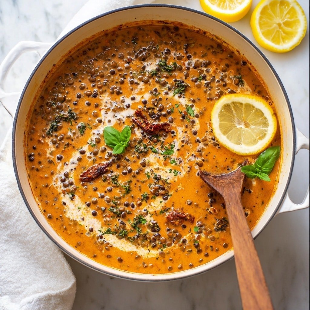 A close-up view of a creamy lentil stew in a white pot with a dark rim. The stew has a rich orange-brown color with visible black lentils and small pieces of tomatoes and green herbs mixed in. A swirl of cream is gently spread across the surface, adding some white streaks. A small green basil leaf and a lemon wedge sit on top near the edge of the pot. A woman's hand with light green nail polish is holding a piece of white bread dipped in the stew. The background is a white marbled surface. Photo taken with an iphone --ar 1:1 --v 7 — Creamy Lentil Marry Me, comforting lentil dinner, healthy lentil recipes, easy vegetarian main course, hearty lentil dish