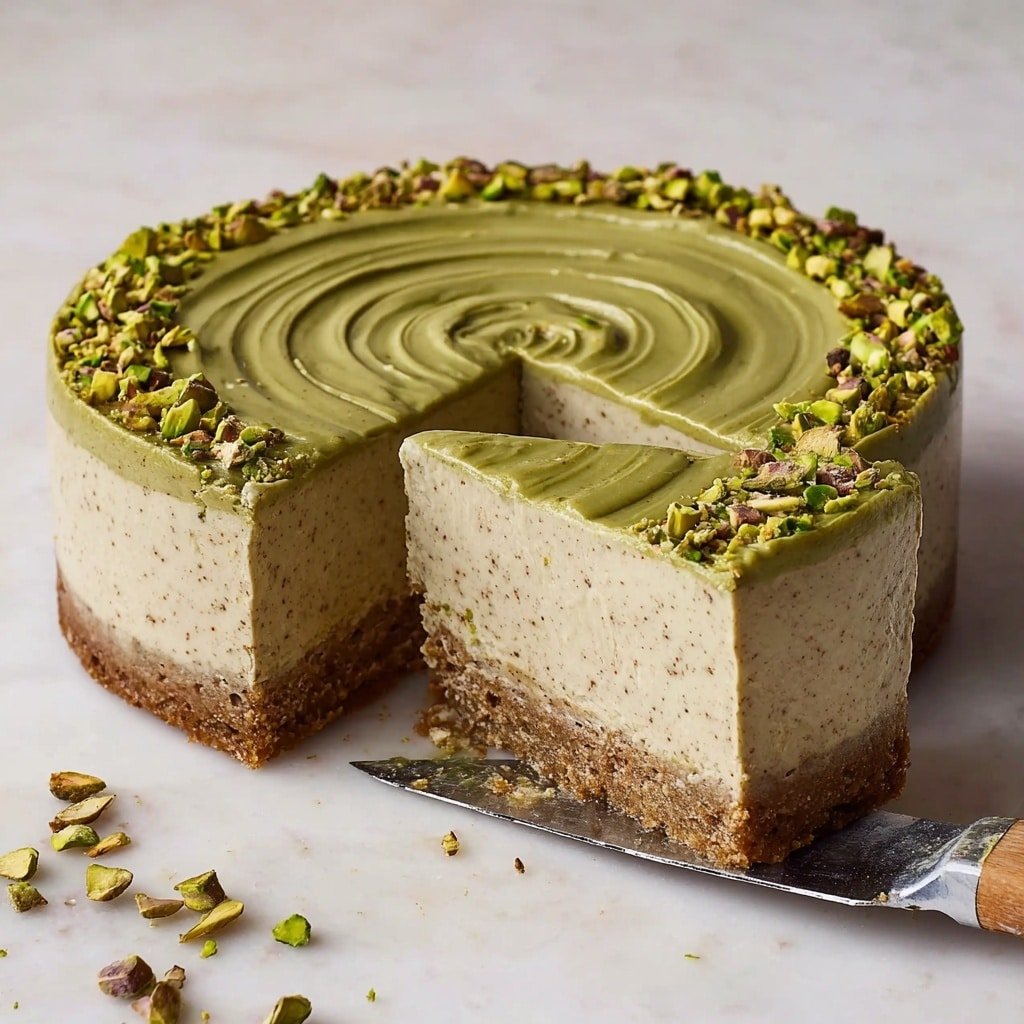 The image shows a slice of pistachio cheesecake on a white plate, with three visible layers: a bottom thin, crumbly brown crust, a thick light green creamy layer with tiny dark specks in the middle, and a smooth darker green pistachio topping decorated with chopped pistachio nuts on the right edge. Behind the slice, the whole cheesecake on a white cake stand reveals the same three layers, with the topping slightly textured and lined with more chopped pistachios on top. The scene is set on a white marbled surface with scattered pistachio pieces, a gold fork to the left, and a blurred soft pink fabric and transparent vase with dried flowers in the background. Photo taken with an iphone --ar 1:1 --v 7 — Cream Cheese Pistachio Cheesecake, pistachio cheesecake recipe, easy pistachio dessert, no-bake cheesecake with pistachios, creamy nutty cheesecake