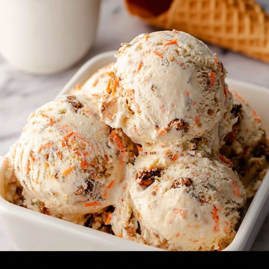 There are three scoops of creamy ice cream in a white bowl, placed on a round wooden plate. The ice cream is white with visible small orange and brown bits mixed inside, giving it a textured look. Some pieces of nuts are scattered loosely around the bowl on a white marbled surface. A spoon with a scoop of ice cream rests on the surface near the bowl. In the blurred background, two white glass bottles are visible. Photo taken with an iphone --ar 1:1 --v 7 — Carrot Cake Ice Cream, best carrot cake ice cream, homemade carrot cake ice cream, no-churn carrot cake ice cream, creamy carrot cake dessert