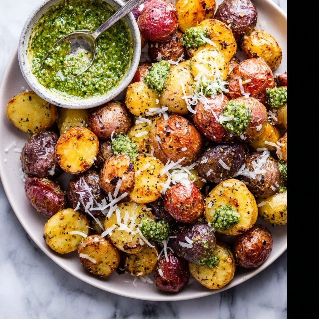 A white plate holds a pile of small roasted potatoes in mixed colors—red, purple, yellow, and light brown—some are whole and others are cut in half, showing their soft inside. The potatoes are browned and slightly crispy on the edges, with green pesto sauce drizzled on top in small dollops and sprinkled with white grated cheese. In the middle of the plate, there is a small white bowl filled with bright green pesto sauce, with a silver spoon resting in it. The background is a white marbled surface. photo taken with an iphone --ar 1:1 --v 7 — Parmesan Pesto Roasted Potatoes, crispy roasted potatoes with pesto and Parmesan, easy potato side dish, flavorful roasted potatoes, homemade pesto potato recipe