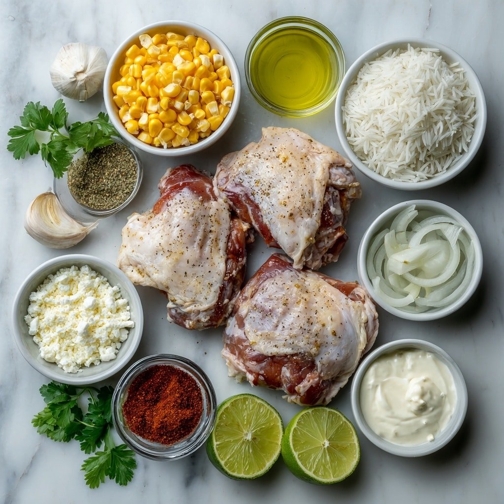 Flat lay of four raw boneless, skinless chicken thighs, a small white bowl of freshly squeezed lime juice, a small white bowl of avocado oil, a small white bowl of chili powder, a small white bowl of ground cumin, two whole garlic cloves, a small white bowl of salt, a small white bowl of ground black pepper, a small white bowl of sweet yellow corn kernels, a small white bowl of thinly sliced red onion, a small white bowl of sour cream, a small white bowl of mayonnaise, a small white bowl of crumbled Cotija cheese, a small white bowl of uncooked white rice, fresh cilantro leaves scattered, whole fresh lime wedges, all arranged symmetrically on simple white ceramic dishes and bowls, placed on a clean white marble surface, soft natural light, photo taken with an iPhone, professional food photography style, fresh ingredients, white ceramic bowls, no bottles, no duplicates, no utensils, no packaging --ar 1:1 --v 7 --p m7354639359234015250 — Street Corn Chicken Bowl, Mexican-inspired chicken bowls, easy street corn dishes, flavorful chicken and corn bowls, quick weeknight dinner ideas