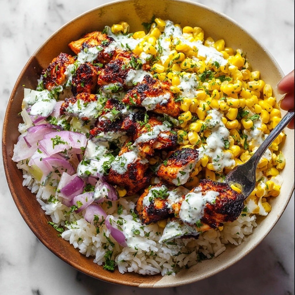 A wooden bowl holds a layered dish starting with a bed of white rice mixed with yellow corn kernels and small pieces of purple onion. On top, there are several pieces of grilled chicken covered with a reddish-brown spice coating, showing charred edges for a smoky look. A creamy white sauce is drizzled generously over the chicken and rice. Small green herb leaves are scattered over the top for freshness. In the background, folded flatbreads are stacked on a white marbled surface. photo taken with an iphone --ar 1:1 --v 7 — Street Corn Chicken Bowl, Mexican-inspired chicken bowls, easy street corn dishes, flavorful chicken and corn bowls, quick weeknight dinner ideas