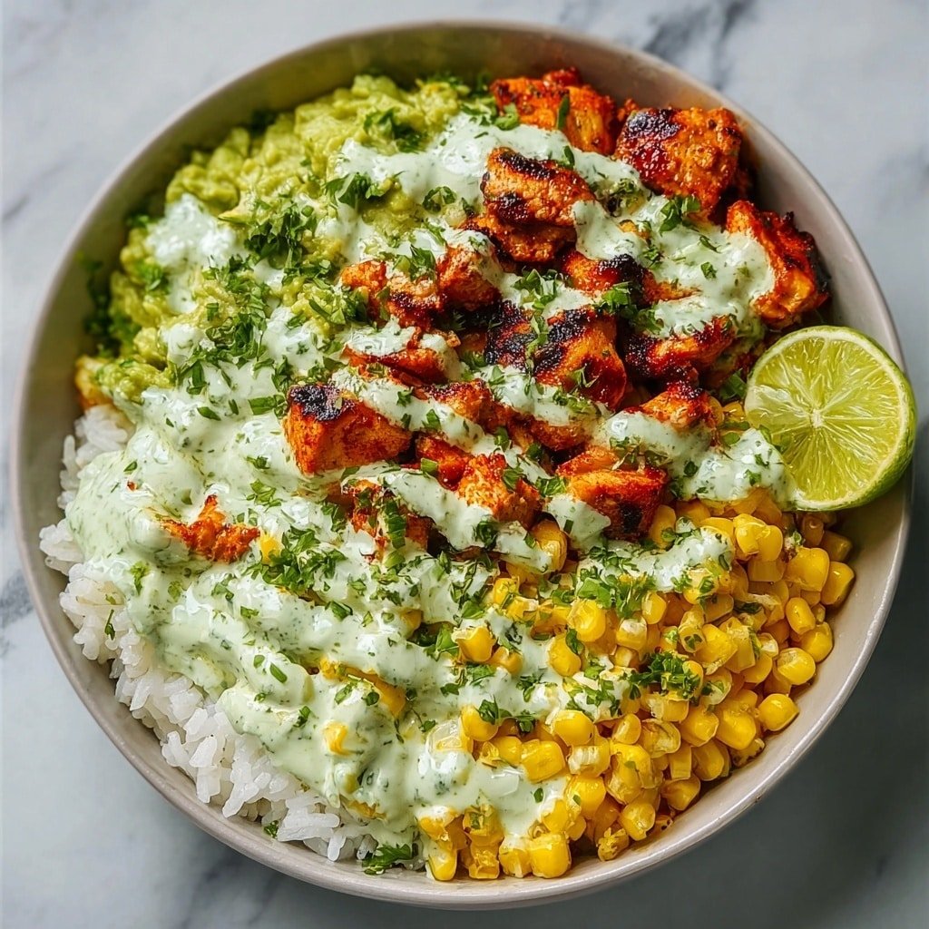 A white bowl filled with a base layer of white rice, topped with a layer of grilled yellow corn scattered with small green herbs on the right side, and a layer of chunky avocado mash with more green herbs on the left side near two lime wedges. In the center, there are medium-sized, browned pieces of spiced grilled chicken covered with a drizzle of smooth light green sauce with small green herb flecks. The bowl is set on a white marbled surface. Photo taken with an iphone --ar 1:1 --v 7 — Street Corn Chicken Rice Bowl, easy street corn chicken bowl, flavorful chicken rice recipe, quick rice bowl with corn and chicken, cheesy street corn chicken dish