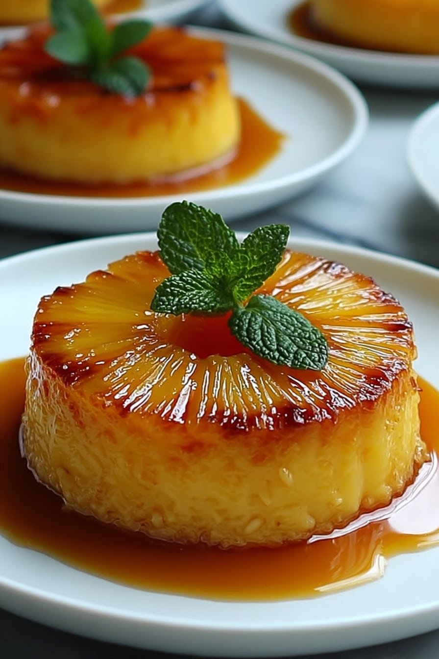 A small round dessert sits on a white plate, featuring two layers with a caramelized golden-brown bottom layer and a bright yellow pineapple slice on top. The pineapple slice has detailed lines and a slightly browned edge, creating a textured look. On the very top center, two fresh green mint leaves add a fresh touch. The dessert is surrounded by a shiny caramel sauce that pools around the base on the white marbled surface. The image is sharp with a close-up focus on the dessert, and there are blurred similar desserts in the background, all on white plates. photo taken with an iphone --ar 2:3 --v 7 — Ananas Mascarpone Upside-Down Cake, pineapple upside-down cake with mascarpone, caramelized pineapple cake recipe, easy upside-down cake with mascarpone, comforting pineapple dessert