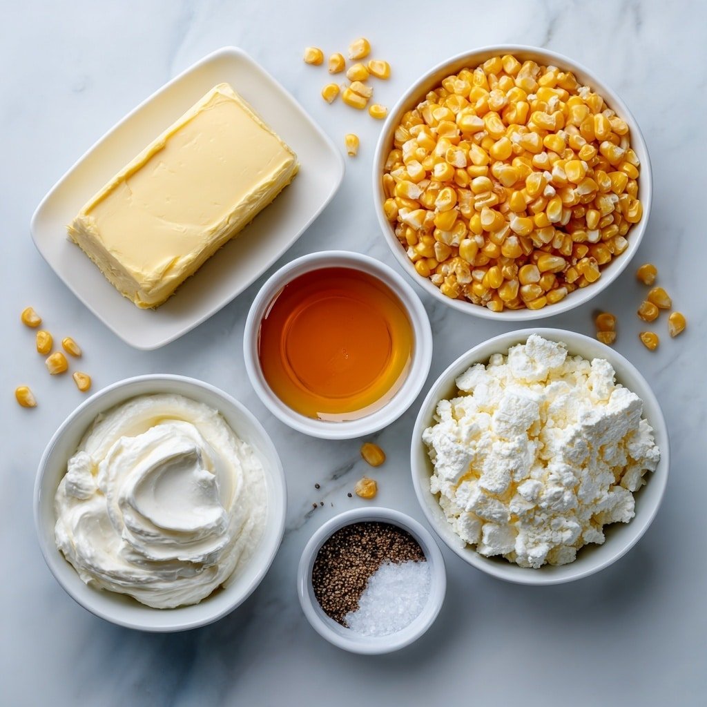 Flat lay of fresh golden corn kernels scattered beside a small white ceramic bowl of smooth unsalted butter, a small white bowl filled with thick heavy cream, a small white bowl holding soft cream cheese, a small white bowl with amber honey, a small white bowl containing coarse salt crystals, and a small white bowl with freshly cracked black peppercorns, all arranged in perfect symmetry on a clean white ceramic plate; placed on a clean white marble surface, soft natural light, photo taken with an iPhone, professional food photography style, fresh ingredients, white ceramic bowls, no bottles, no duplicates, no utensils, no packaging --ar 1:1 --v 7 --p m7354639359234015250 — Creamy Honey Butter Corn, Honey Butter Corn Recipe, Sweet and Savory Corn Dish, Comfort Food Corn, Easy Corn Side Dish