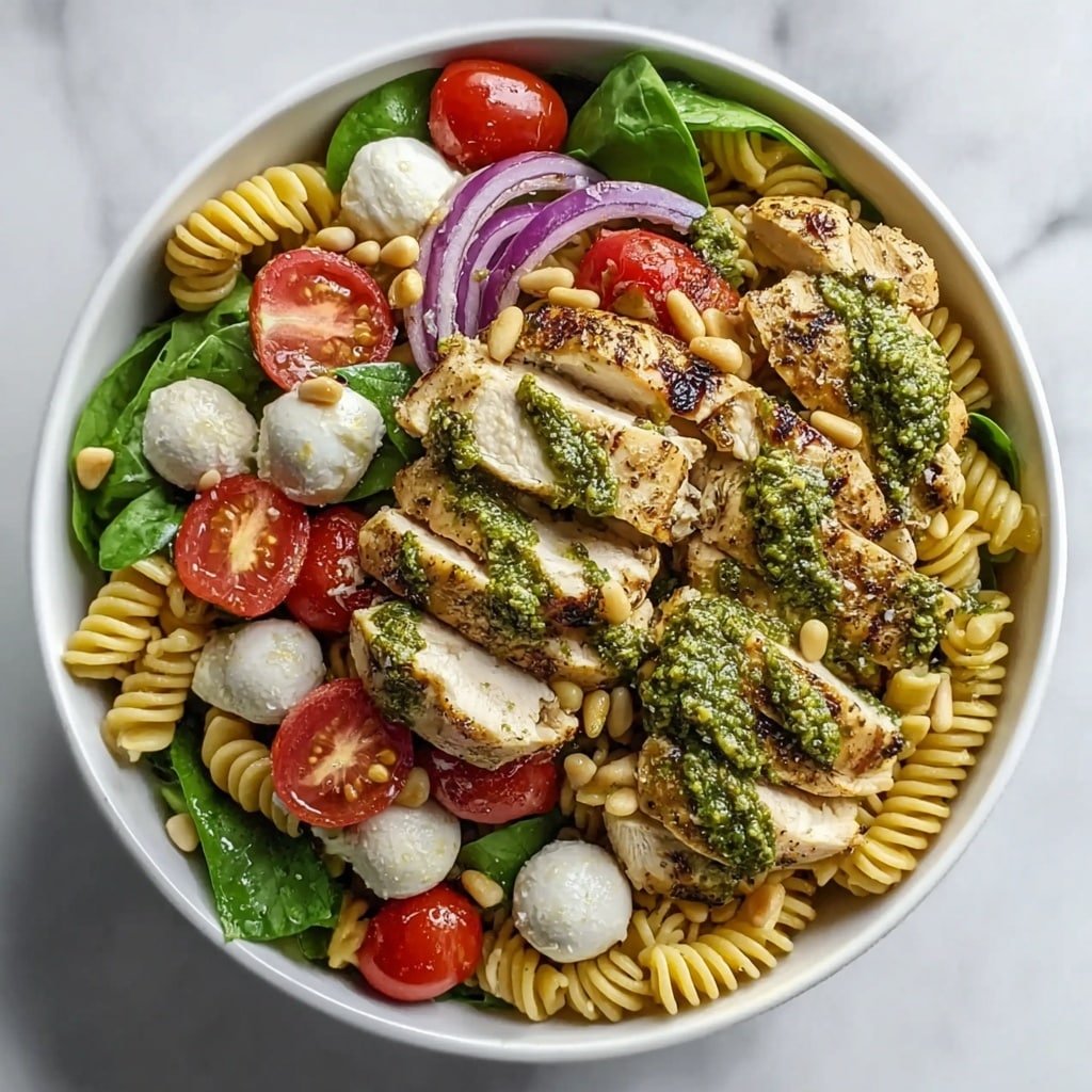 A white bowl filled with a pasta salad featuring three main layers: the bottom layer has green pesto-coated spiral pasta with a slightly shiny, oily texture; the middle layer includes whole fresh spinach leaves and slices of red onion adding bright green and purple tones; the top layer shows round white mozzarella balls, halved bright red cherry tomatoes, toasted pine nuts scattered for texture, and thick slices of cooked chicken covered in green pesto sauce placed centrally on top of the pasta and vegetables. The photo taken with an iphone --ar 1:1 --v 7 — Chicken Pesto Pasta Salad, easy pasta salad with pesto and chicken, summer pasta salad recipes, quick chicken pasta dishes, healthy pasta salad ideas