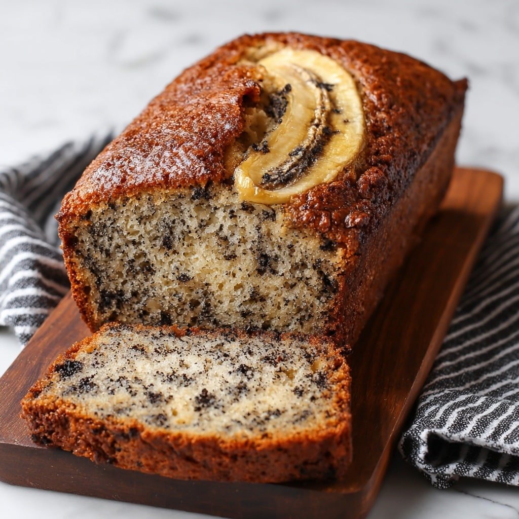 A loaf of banana bread sits on a wooden board over a white marbled surface. The bread has a golden-brown crust with a slightly uneven, textured top showing a slice of banana embedded near the center. Inside, it has a moist, light beige crumb with dark, irregular chunks of what looks like chocolate pieces spread throughout. One thick slice is cut and laid flat in front of the loaf, revealing the dense and speckled interior clearly. Photo taken with an iphone --ar 1:1 --v 7 — Oreo Banana Bread, Oreo Banana Bread Recipe, Chocolate Banana Bread, Easy Oreo Banana Bread, Best Banana Bread with Oreos