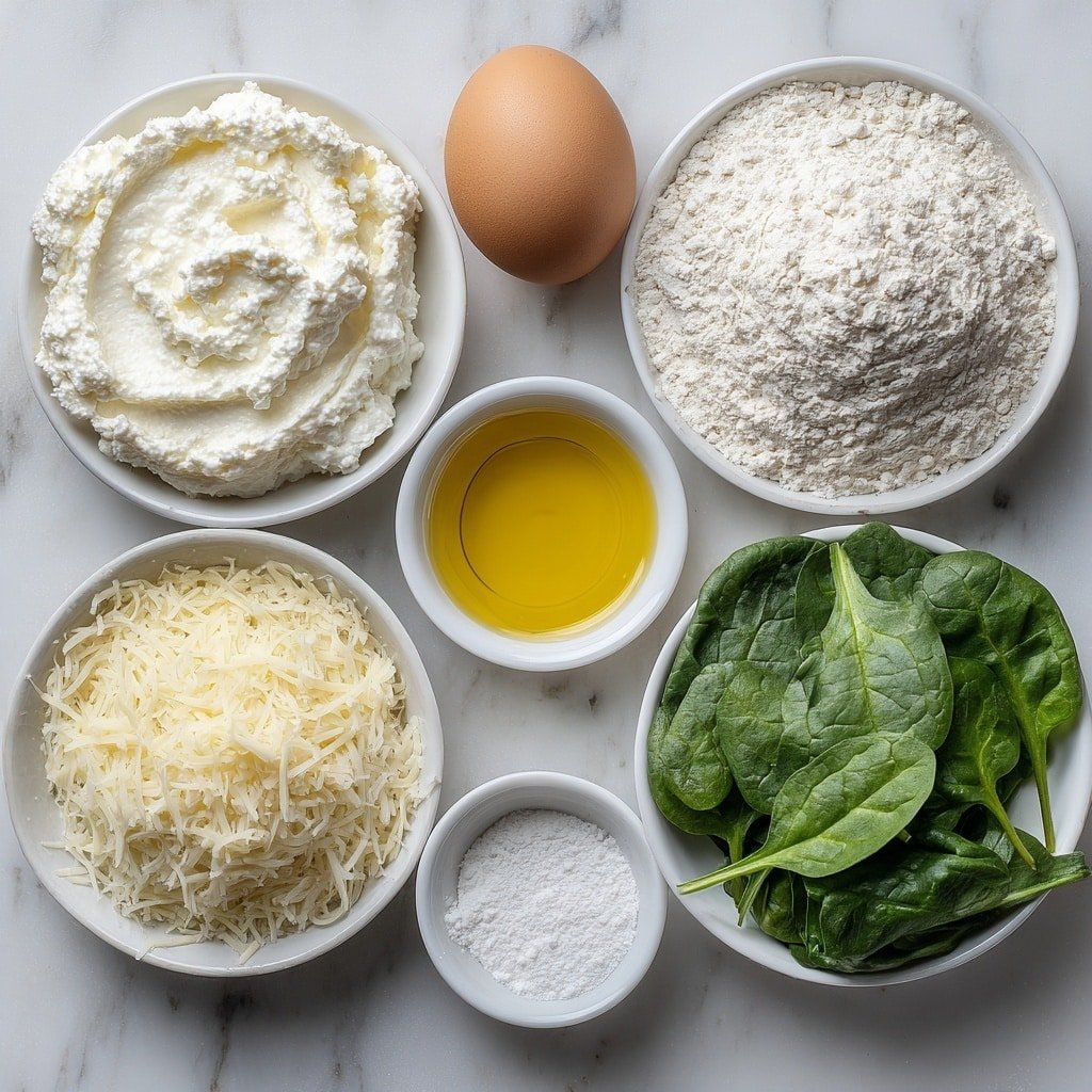 Flat lay of a small mound of creamy full-fat cottage cheese, a few tablespoons of golden olive oil in a small white bowl, one large uncracked brown egg, a neat pile of all-purpose flour, a small white bowl containing fine white baking powder, a small white bowl with coarse sea salt, a bunch of fresh bright green baby spinach leaves, and a small heap of shredded mozzarella cheese all arranged with perfect symmetry on simple white ceramic plates and bowls, placed on a clean white marble surface, soft natural light, photo taken with an iPhone, professional food photography style, fresh ingredients, white ceramic bowls, no bottles, no duplicates, no utensils, no packaging --ar 1:1 --v 7 --p m7354639359234015250 — Cheese and Spinach Flagels, Cheese and Spinach Flagels recipe, cheesy spinach flagels, homemade flagels with cheese and spinach, savory breakfast flagels