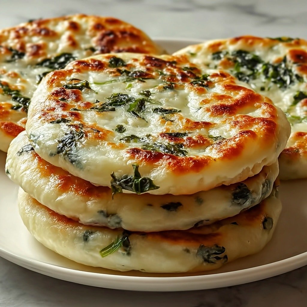 The image shows a close-up of round, golden-brown flatbreads with a slightly puffy texture placed on a white plate. Each flatbread has scattered dark green leafy bits baked into the dough, giving contrast to the light beige surface with shiny, crisp spots. The flatbreads are stacked closely together on a white marbled surface with green leaves softly blurred in the background. Photo taken with an iphone --ar 1:1 --v 7 — Cheese and Spinach Flagels, Cheese and Spinach Flagels recipe, cheesy spinach flagels, homemade flagels with cheese and spinach, savory breakfast flagels