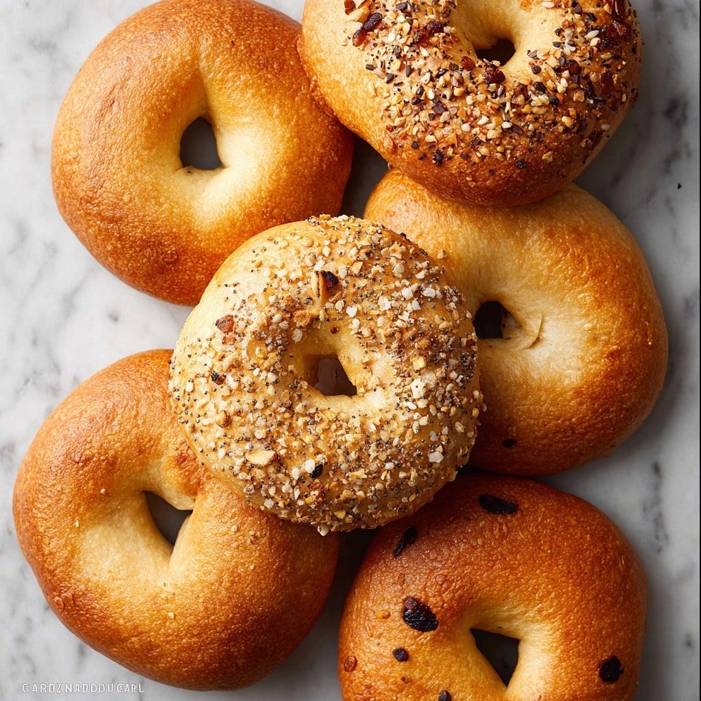 A stack of three toasted bagels is shown in close-up, each bagel having a golden brown color with a slightly crispy texture. The top bagel is sprinkled with a mix of seeds including sesame and possibly poppy seeds, adding a textured look. The middle bagel is plain with a smooth crust, and the bottom one has a few scattered seeds similar to the top one. In the background, there is a blurred view of more bagels resting on a white marbled surface. The overall look is warm and inviting with soft lighting. photo taken with an iphone --ar 1:1 --v 7 — How to Make Authentic Bagels at Home, homemade bagels recipe, easy bagel baking tips, authentic bagel crust and interior, homemade bread and bagels