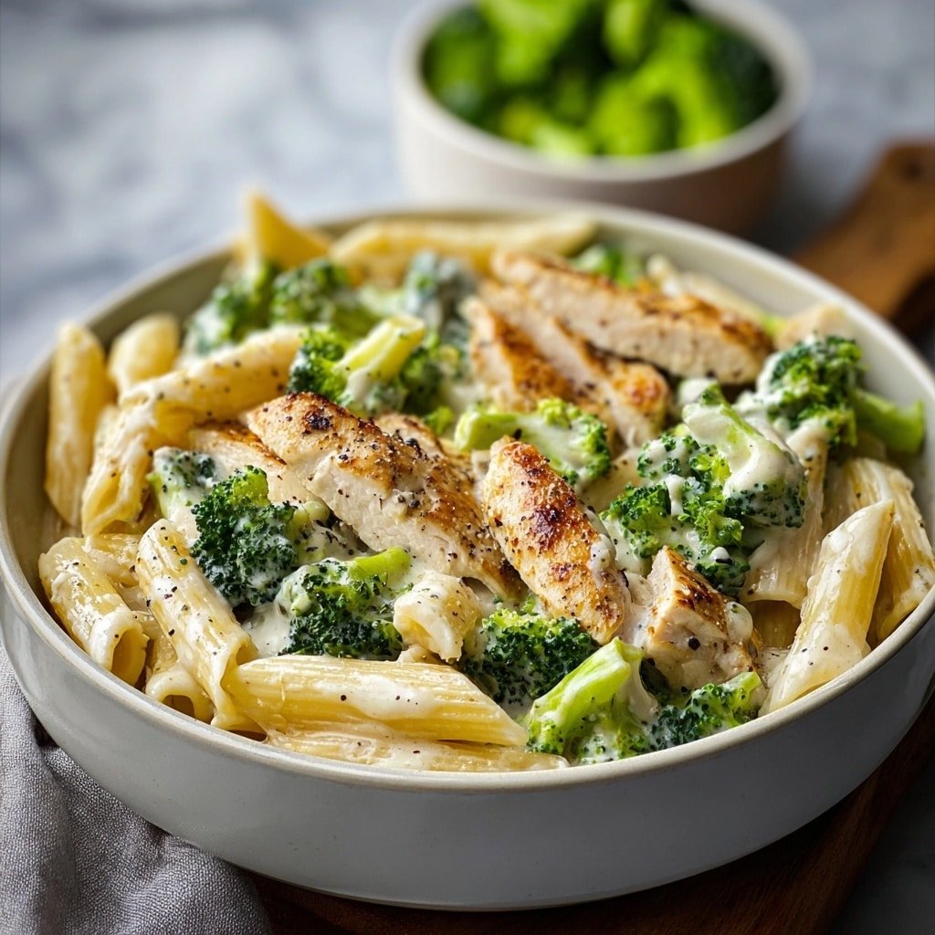 A close-up view of creamy pasta with three main layers: a base of light yellow penne pasta tubes, mixed with bright green broccoli pieces spread evenly throughout, topped with golden-brown grilled chicken strips that have a slightly crispy texture; everything is coated in a smooth white sauce with specks of black pepper for seasoning, all served in a white bowl placed on a white marbled surface with a soft-focus background and a small white bowl of extra broccoli nearby. Photo taken with an iphone --ar 1:1 --v 7 — Creamy Chicken Broccoli Penne, creamy chicken pasta recipes, easy chicken broccoli dinner, comforting pasta dishes, quick weeknight chicken pasta