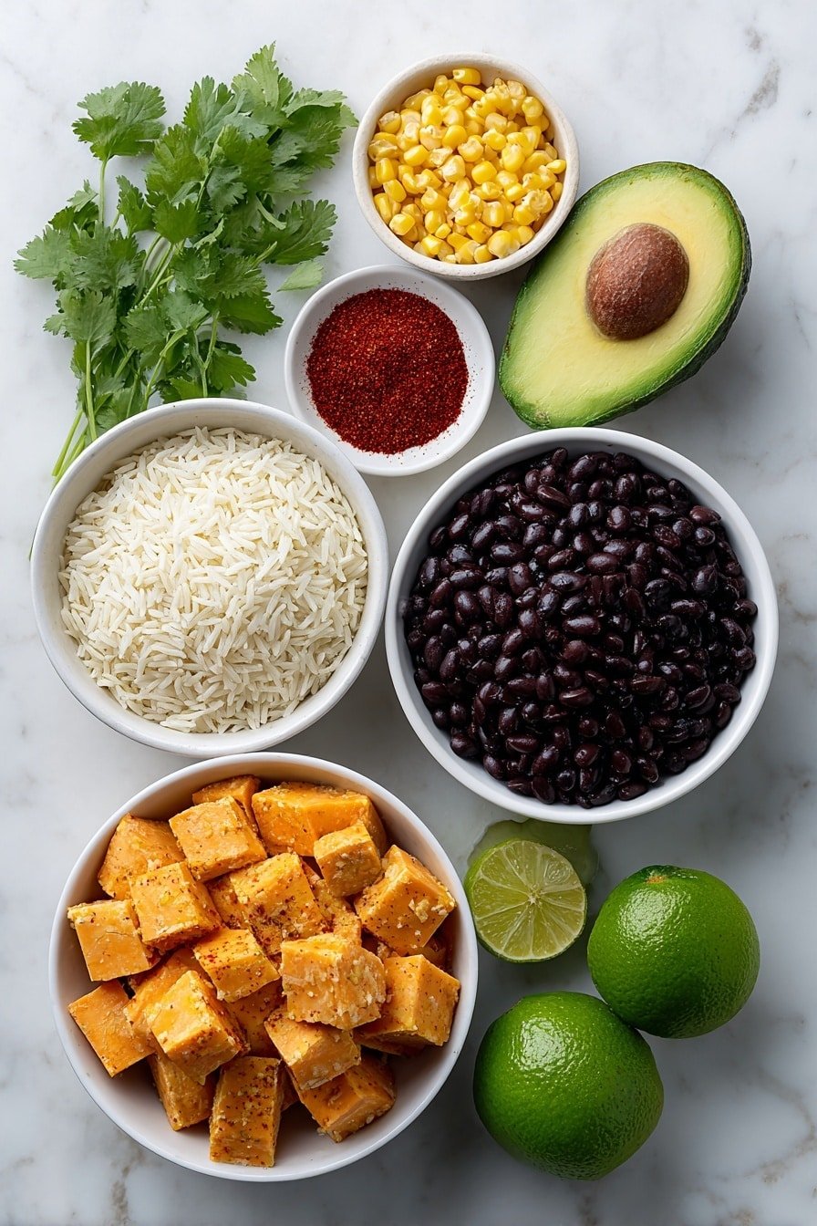 Flat lay of a large diced sweet potato with bright orange flesh, a small white ceramic bowl of golden olive oil, a small white ceramic bowl of vibrant red smoked paprika powder, a simple white ceramic bowl filled with glossy black beans, a white ceramic bowl containing fluffy cooked brown rice, a small white ceramic bowl of bright yellow corn kernels, a whole ripe avocado sliced to reveal creamy green flesh, a whole fresh lime with smooth green skin, a few sprigs of fresh cilantro with bright green leaves, salt and black pepper grains loosely scattered near the bowls, all arranged symmetrically on a clean white marble surface, soft natural light, photo taken with an iPhone, professional food photography style, fresh ingredients, white ceramic bowls, no bottles, no duplicates, no utensils, no packaging --ar 2:3 --v 7 --p m7354639359234015250 — Vegan Sweet Potato Burrito Bowl, healthy vegan meal, easy plant-based dinner, roasted sweet potato bowls, flavorful vegan lunch