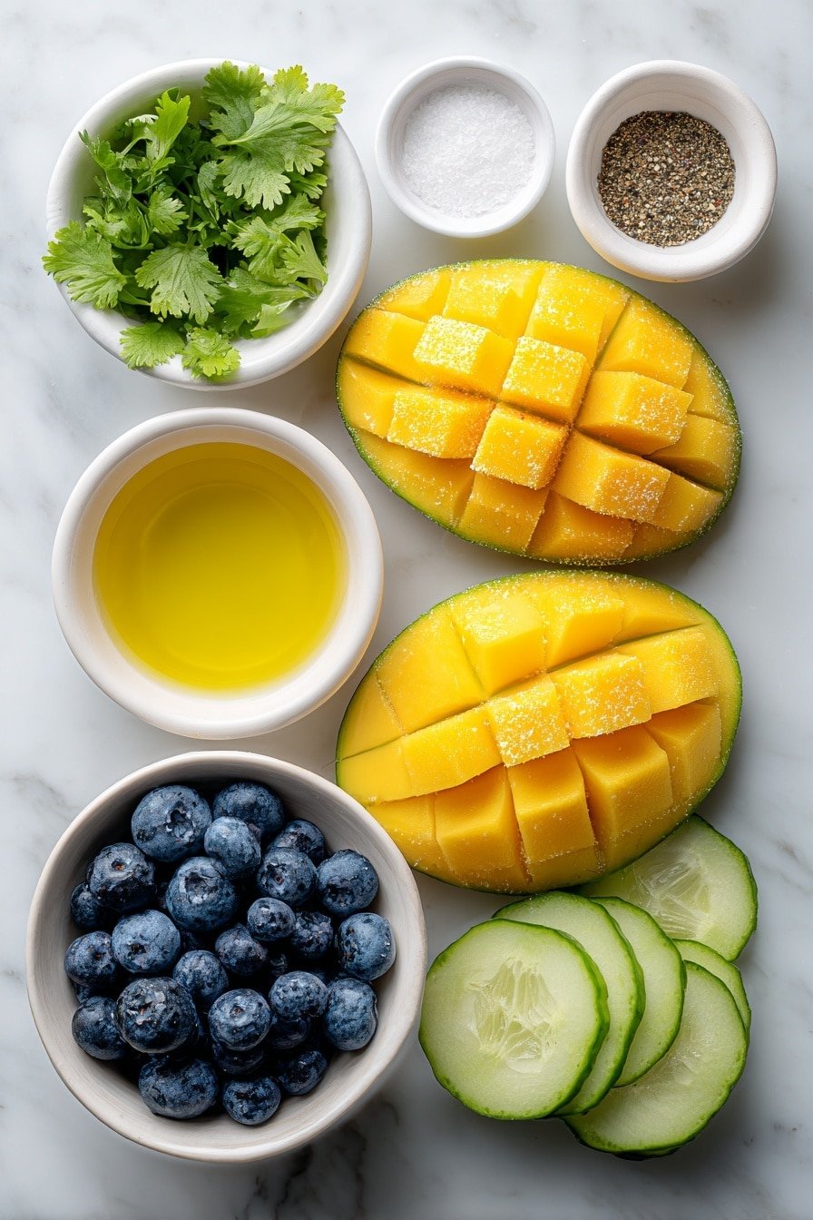 Flat lay of a peeled and diced medium mango, a peeled and diced medium cucumber, a small pile of fresh blueberries, a peeled and diced ripe avocado, a small white ceramic bowl with golden olive oil, a small white ceramic bowl with fresh lime juice, a small white ceramic bowl containing honey, a small white ceramic bowl with salt, a small white ceramic bowl with black pepper, and a few sprigs of freshly chopped cilantro placed on a clean white marble surface, soft natural light, photo taken with an iPhone, professional food photography style, fresh ingredients, white ceramic bowls, no bottles, no duplicates, no utensils, no packaging --ar 2:3 --v 7 --p m7354639359234015250 — Mango Cucumber Salad with Blueberries and Avocado, healthy summer salad, refreshing fruit salad, easy fruit and veggie salad, vibrant fruit salad recipe