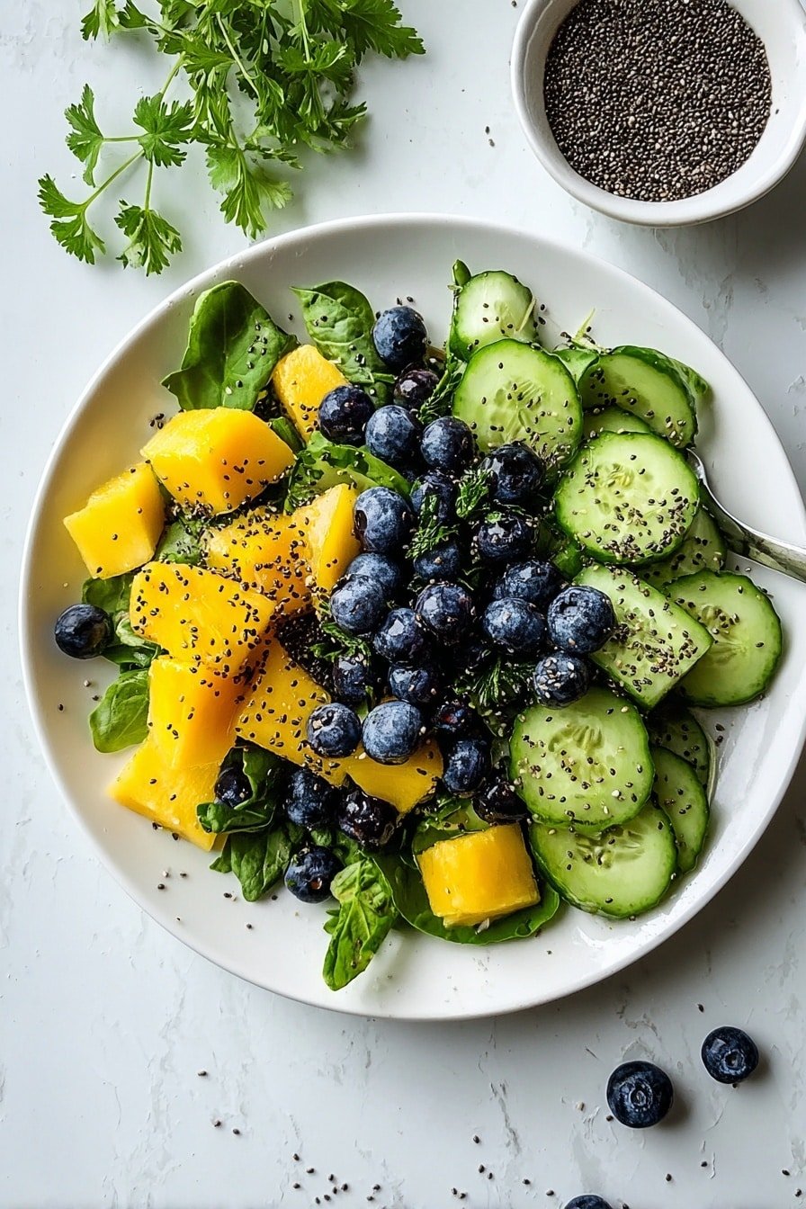 The dish is a fresh fruit and vegetable salad served in a white plate. The base layer consists of green leafy herbs covering the plate. On top, there are thick slices of green cucumber arranged around the edges along with small dark blue blueberries scattered throughout. Bright yellow mango cubes are placed mostly in the center, mixed with additional blueberries. The salad is sprinkled with small black seeds and some green herb pieces, adding texture and color contrast. The whole scene is set on a white marbled surface with a small bunch of parsley nearby and a glass bowl of black seeds in the background. Photo taken with an iphone --ar 2:3 --v 7 — Mango Cucumber Salad with Blueberries and Avocado, healthy summer salad, refreshing fruit salad, easy fruit and veggie salad, vibrant fruit salad recipe