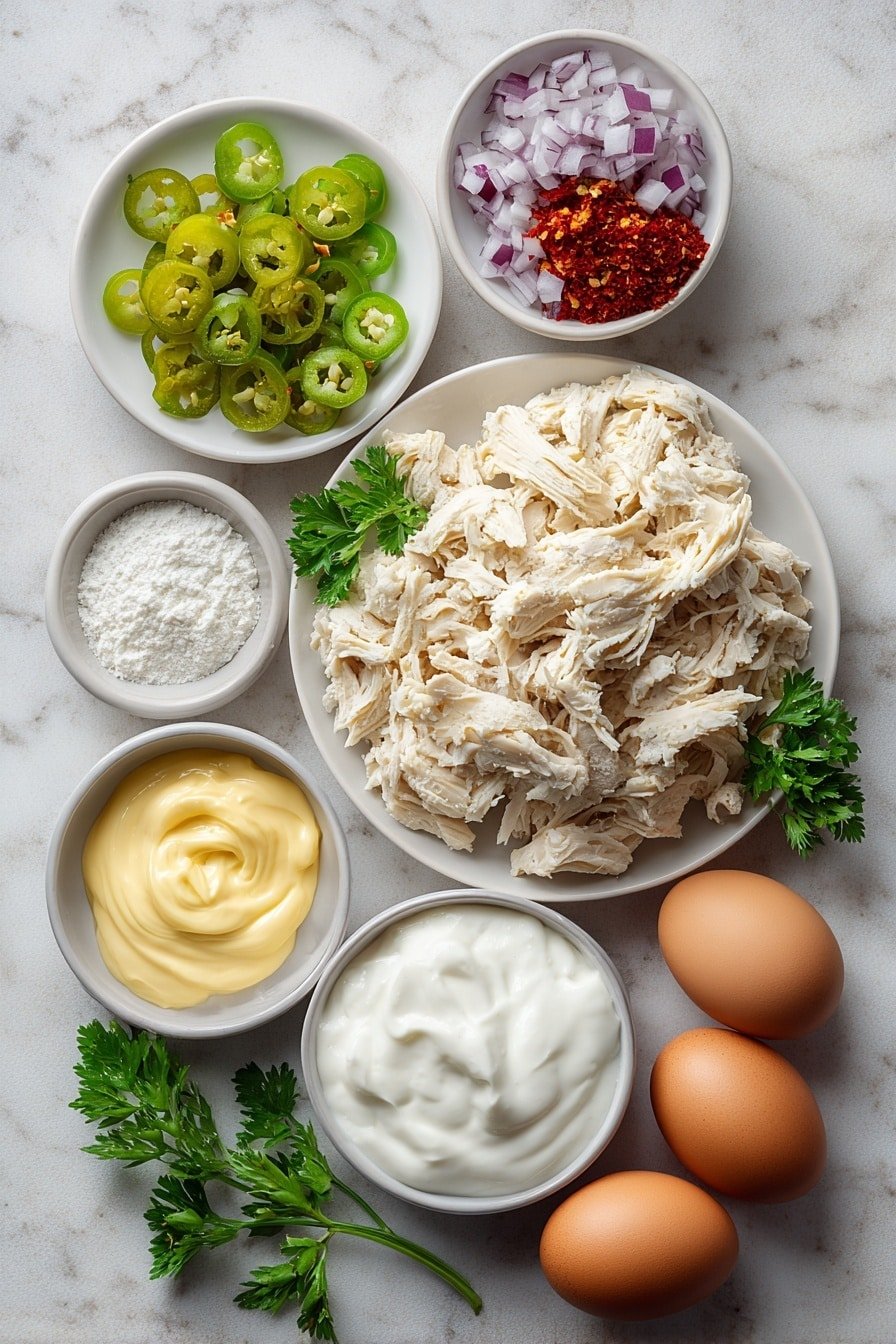 Flat lay of shredded cooked chicken breast arranged loosely, a small pile of sliced bright green pepperoncini rings, chopped fresh celery pieces, finely diced vibrant red onion, a small white ceramic bowl filled with creamy plain Greek yogurt, another small white bowl with smooth Dijon mustard, a tiny white bowl containing fine white garlic powder, a few whole uncracked brown eggs, fresh sprigs of green parsley, all symmetrically placed on a simple white ceramic plate and bowls, placed on a clean white marble surface, soft natural light, photo taken with an iPhone, professional food photography style, fresh ingredients, white ceramic bowls, no bottles, no duplicates, no utensils, no packaging --ar 2:3 --v 7 --p m7354639359234015250 — High Protein Pepperoncini Chicken Salad, healthy chicken salad recipes, high-protein lunch ideas, easy chicken salad with Greek yogurt, flavorful protein salads