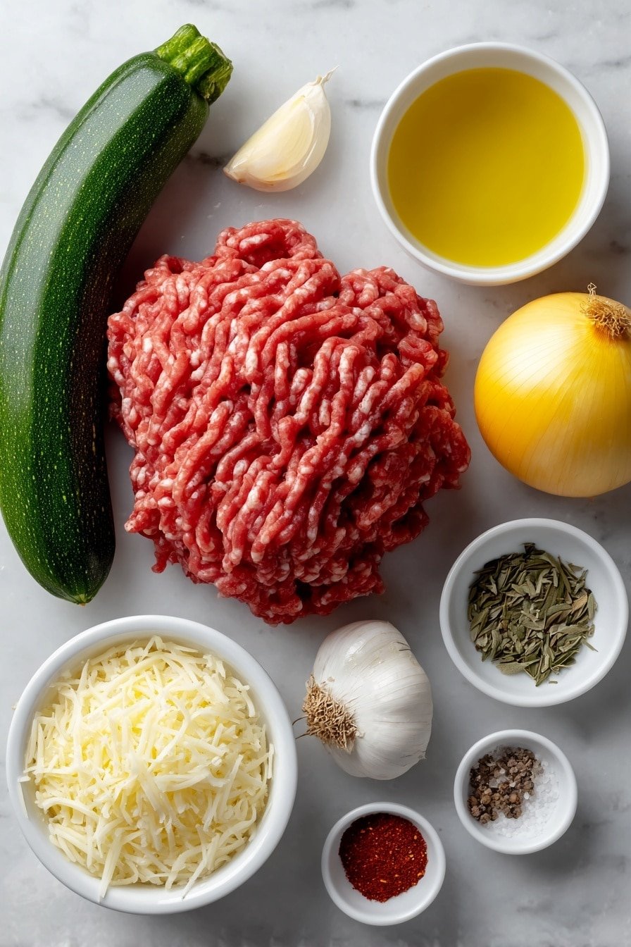 Flat lay of fresh ground turkey loosely piled, two medium zucchinis whole and green with stems, a small peeled and halved yellow onion, two whole uncracked garlic cloves, a small white ceramic bowl filled with golden olive oil, a small white bowl of dried oregano leaves, a small white bowl of coarse salt, a small white bowl with whole black peppercorns, a small white bowl of crushed red pepper flakes, a small white bowl containing clear chicken broth, a small white bowl heaped with grated Parmesan cheese, all arranged symmetrically on a clean white marble surface, soft natural light, photo taken with an iPhone, professional food photography style, fresh ingredients, white ceramic bowls, no bottles, no duplicates, no utensils, no packaging --ar 2:3 --v 7 --p m7354639359234015250 — Ground Turkey and Zucchini Skillet, healthy turkey zucchini dish, quick ground turkey recipes, easy zucchini skillet, flavorful turkey vegetable skillet