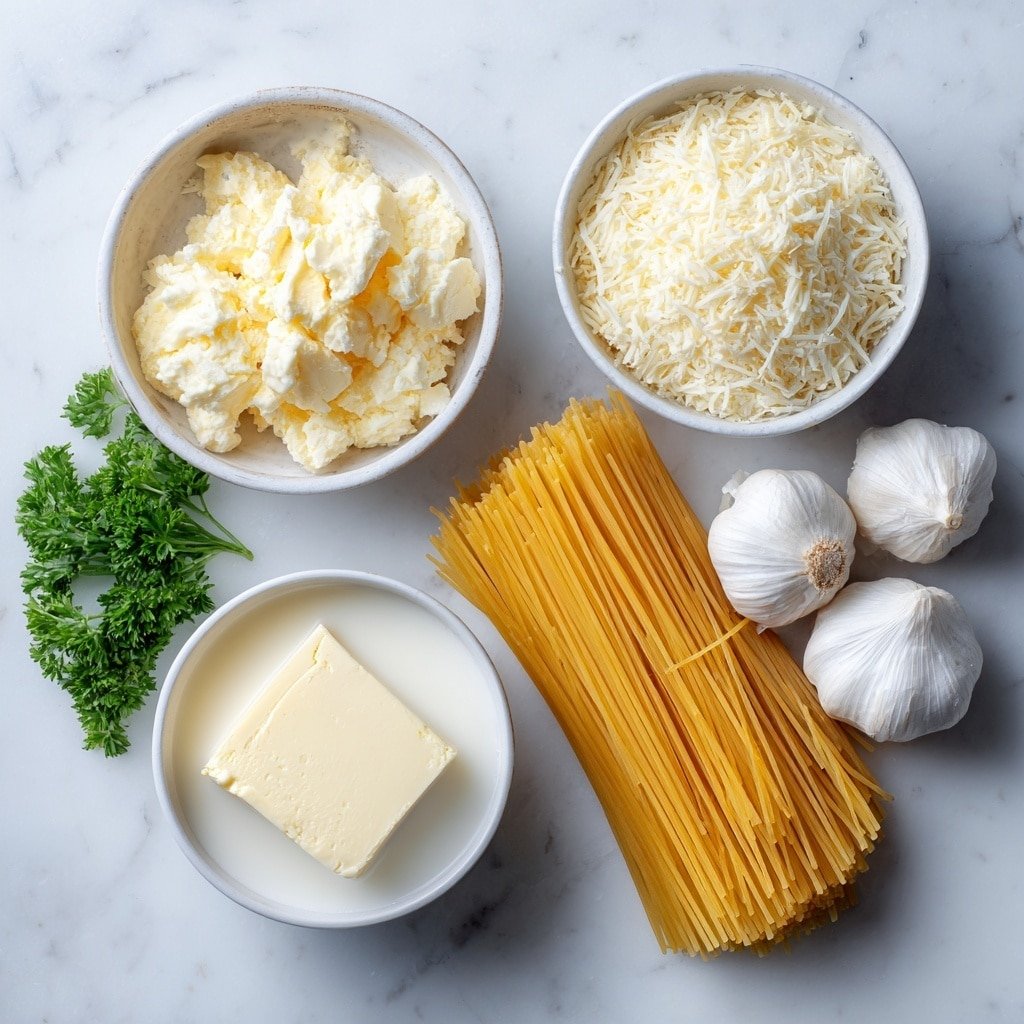 Flat lay of finely grated Parmesan cheese in a small white ceramic bowl, three tablespoons of creamy butter portioned as a small slab, four fresh whole garlic cloves unpeeled, two cups of rich chicken broth in a small white ceramic bowl, one cup of fresh milk in a small white ceramic bowl, a bundle of uncooked angel hair pasta arranged neatly, and a few sprigs of fresh green parsley placed gracefully, all arranged symmetrically and balanced, placed on a clean white marble surface, soft natural light, photo taken with an iPhone, professional food photography style, fresh ingredients, white ceramic bowls, no bottles, no duplicates, no utensils, no packaging --ar 1:1 --v 7 --p m7354639359234015250 — Garlic Parmesan Pasta, Garlic Parmesan Pasta Recipe, Creamy Garlic Pasta, Easy Pasta Dinner, Quick Pasta Recipes