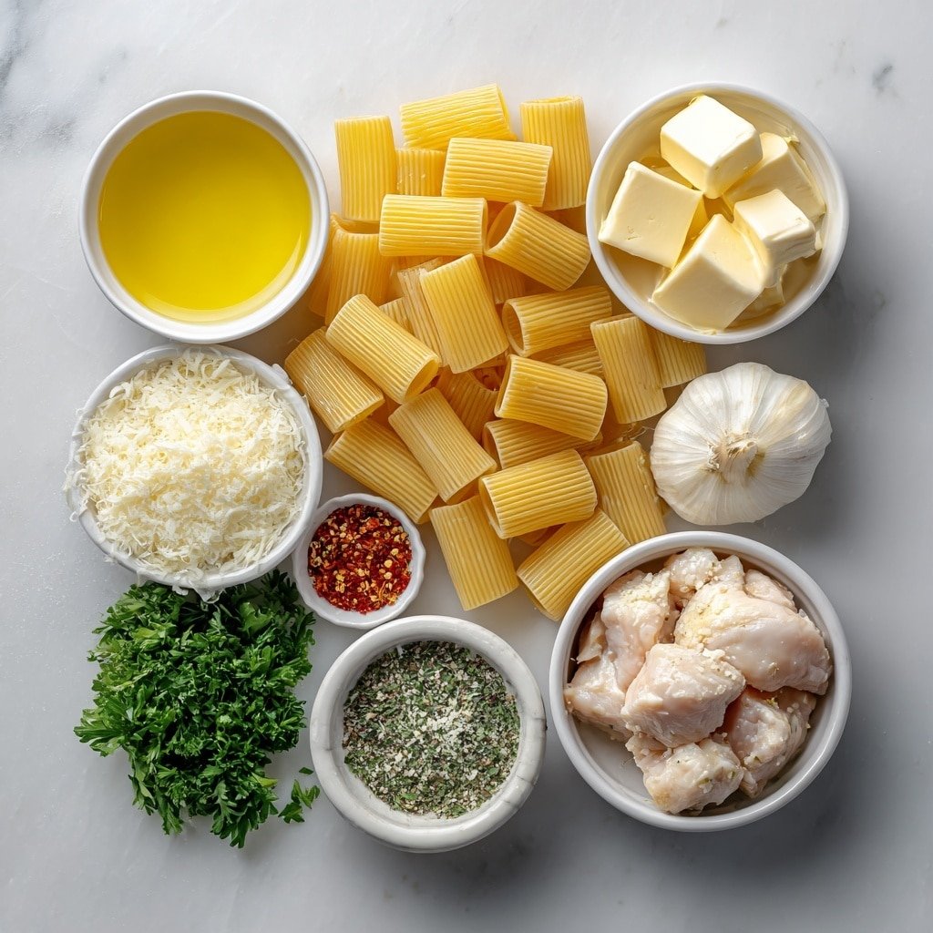 Flat lay of rigatoni pasta scattered loosely, two raw boneless skinless chicken breasts cut into bite-sized pieces resting nearby, a small white bowl filled with golden olive oil, a few glossy cubes of unsalted butter, four peeled garlic cloves next to a small pile of minced garlic, a small white bowl holding clear golden chicken broth, another small white bowl with thick heavy cream, a simple white ceramic dish containing finely grated Parmesan cheese, a small white bowl with mixed Italian seasoning herbs, a tiny mound of fine sea salt crystals, a small heap of coarse black peppercorns, a pinch of vibrant red pepper flakes, and a small cluster of freshly chopped parsley leaves, all arranged symmetrically on a simple white ceramic surface placed on a clean white marble surface, soft natural light, photo taken with an iPhone, professional food photography style, fresh ingredients, white ceramic bowls, no bottles, no duplicates, no utensils, no packaging --ar 1:1 --v 7 --p m7354639359234015250 — Garlic Butter Chicken Pasta, easy garlic pasta with chicken, creamy chicken pasta, weeknight dinner ideas, comforting pasta recipes
