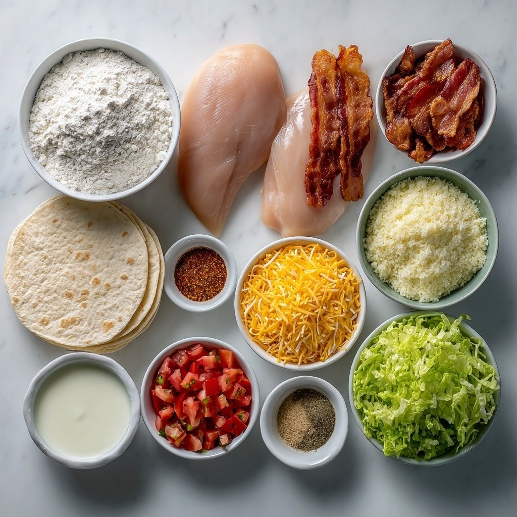 Flat lay of two raw boneless skinless chicken breasts, six crispy strips of cooked bacon, a small white bowl of all-purpose flour, a small white bowl filled with buttermilk, a small white bowl containing panko breadcrumbs, a small white bowl of ranch dressing, a small white bowl of vegetable oil, a few large plain white flour tortillas stacked neatly, a small white bowl of shredded lettuce, a small white bowl of diced fresh tomatoes, a small white bowl of shredded cheddar cheese, and a small white bowl each with garlic powder, onion powder, paprika, salt, and black pepper arranged symmetrically around the central ingredients, all placed on a clean white marble surface, soft natural light, photo taken with an iPhone, professional food photography style, fresh ingredients, white ceramic bowls, no bottles, no duplicates, no utensils, no packaging --ar 1:1 --v 7 --p m7354639359234015250 — Crispy Chicken Bacon Ranch Wrap, Chicken Wraps with Bacon and Ranch, Easy Chicken Wrap Recipes, Quick Lunch Wraps, Crunchy Chicken Wraps