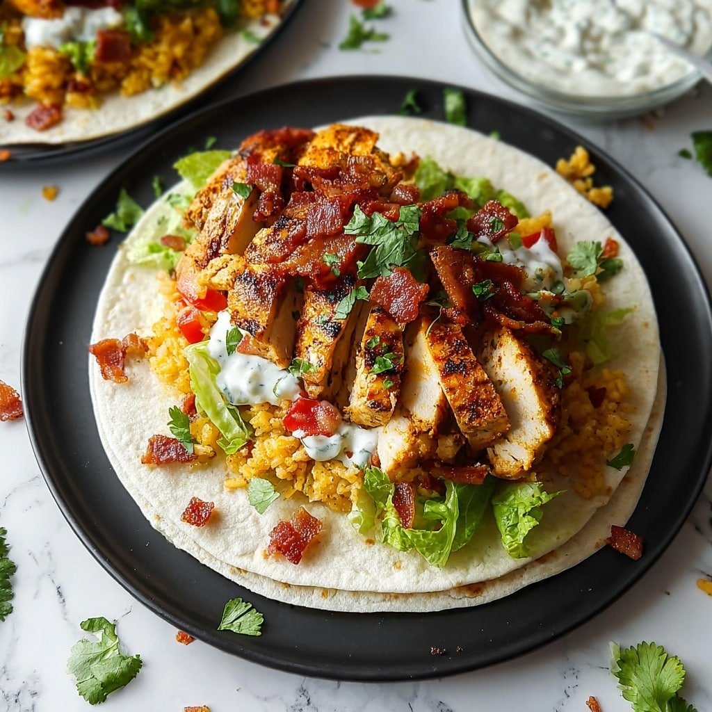 Two white tortillas lie flat on a dark plate, each layered with fresh green lettuce at the bottom, followed by a spread of yellow rice mixed with small bits of red tomato. On top of the rice, golden-brown grilled chicken pieces are placed in a row, with small crispy pieces of reddish-brown bacon scattered over them. Dollops of white sauce with green herb specks sit near the lettuce edges. A few cilantro leaves are sprinkled on top and around the plate. The whole scene is set on a white marbled surface with small bits of cilantro scattered nearby. Photo taken with an iphone --ar 1:1 --v 7 — Crispy Chicken Bacon Ranch Wrap, Chicken Wraps with Bacon and Ranch, Easy Chicken Wrap Recipes, Quick Lunch Wraps, Crunchy Chicken Wraps