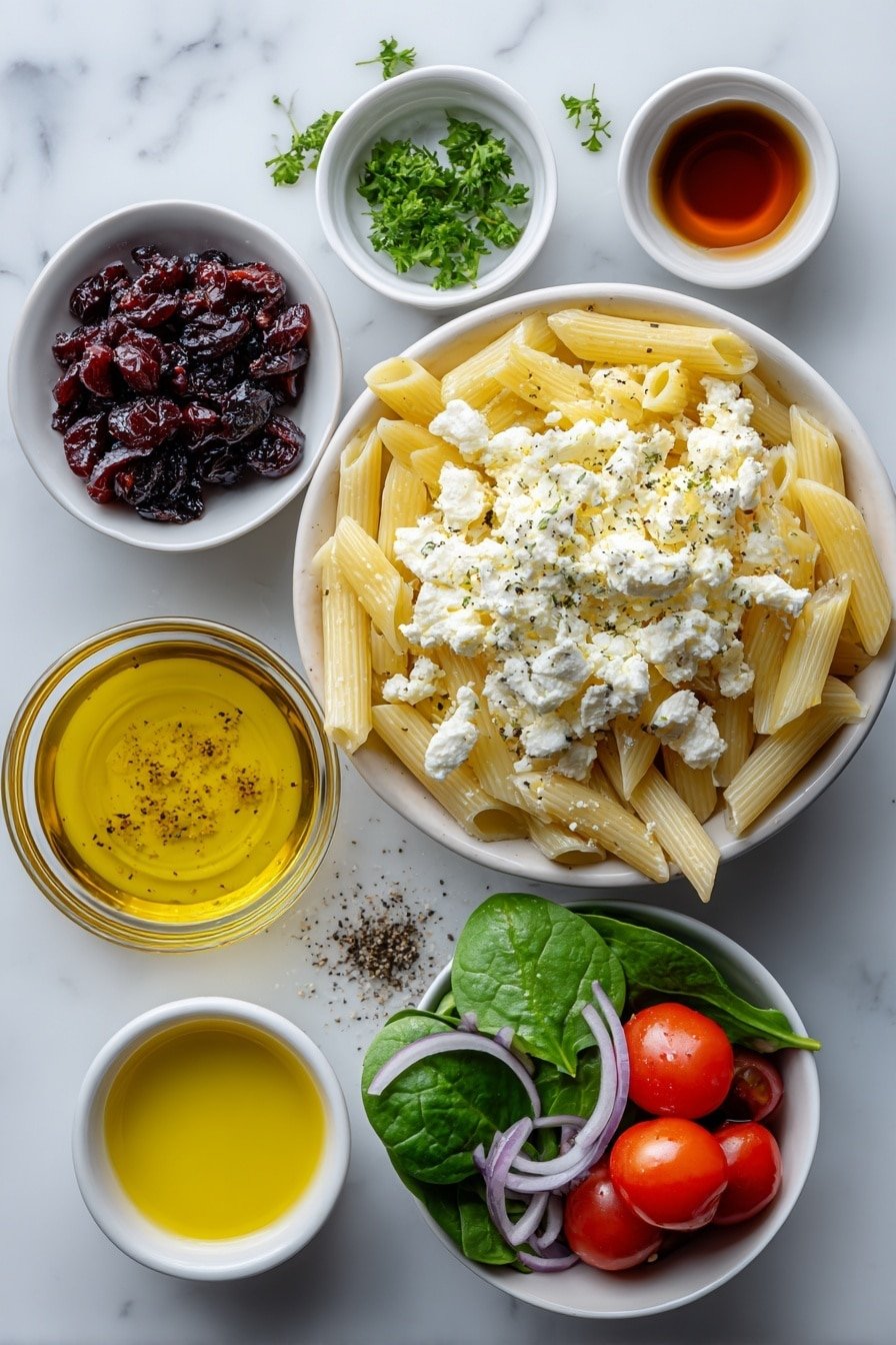 Feta Cranberry Penne Salad Recipe - Ingredients Image — Feta Cranberry Penne Salad, healthy pasta salad recipes, easy summer pasta salad, feta cheese salad, cranberry pasta salad