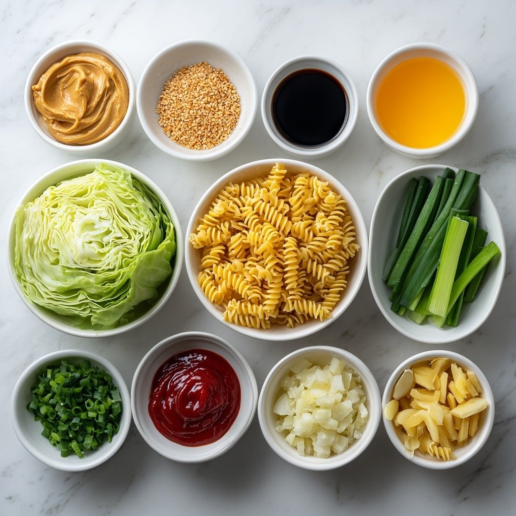 Flat lay of a small white bowl of creamy peanut butter, a small white bowl of bright orange juice, a small white bowl of light rice vinegar, a small white bowl of dark liquid aminos, a small white bowl of amber maple syrup, a small white bowl of glossy red sriracha, a small white bowl of golden sesame oil, a garlic clove with papery white skin, a small heap of freshly grated pale yellow ginger, a portion of dry corkscrew-shaped rotini pasta, a pile of thinly sliced pale green cabbage, a handful of vibrant orange julienned carrot sticks, diced crisp green cucumber, four slender green scallions sliced on a bias—all arranged with perfect symmetry in simple white ceramic bowls and plates, placed on a clean white marble surface, soft natural light, photo taken with an iPhone, professional food photography style, fresh ingredients, white ceramic bowls, no bottles, no duplicates, no utensils, no packaging --ar 1:1 --v 7 --p m7354639359234015250 — High Protein Asian Pasta Salad, Asian Pasta Salad, protein-packed pasta salad, healthy Asian pasta recipes, quick nutritious pasta dishes