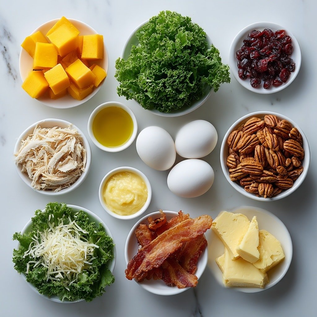 Flat lay of roasted butternut squash cubes, a small white bowl of extra-virgin olive oil, fresh kale leaves, mixed spring greens, cooked shredded turkey, a diced Honeycrisp apple, toasted pecan halves, dried cranberries, thin slices of Manchego cheese, four whole uncracked brown eggs, a small white bowl of white balsamic vinegar, a small white bowl of pure maple syrup, minced shallots spread naturally without container, a small white bowl of Dijon mustard, and crispy chopped bacon pieces arranged in perfect symmetry on simple white ceramic bowls and plates, placed on a clean white marble surface, soft natural light, photo taken with an iPhone, professional food photography style, fresh ingredients, white ceramic bowls, no bottles, no duplicates, no utensils, no packaging --ar 1:1 --v 7 --p m7354639359234015250 — Fall Harvest Salad with Roasted Butternut Squash, autumn salad recipes, seasonal fall salads, roasted butternut squash salad, healthy fall dinner ideas