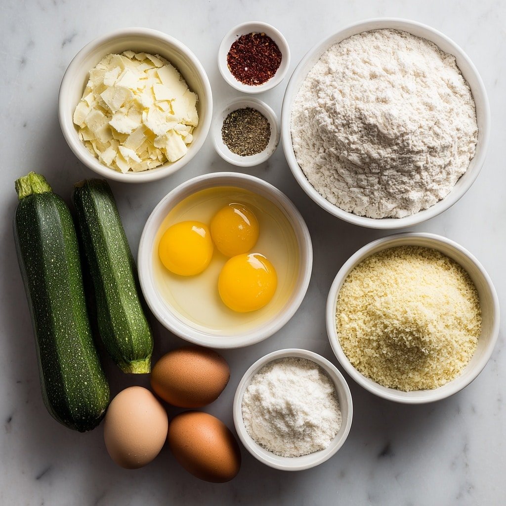 Flat lay of three medium fresh zucchini, a small white bowl with all-purpose flour, a small white bowl with Italian spice blend, a small white bowl with freshly ground black pepper, a small white bowl with salt, two whole uncracked brown eggs, a small white bowl with grated parmesan cheese, a small white bowl with Italian breadcrumbs, placed on a clean white marble surface, soft natural light, photo taken with an iPhone, professional food photography style, fresh ingredients, white ceramic bowls, no bottles, no duplicates, no utensils, no packaging --ar 1:1 --v 7 --p m7354639359234015250 — Crunchy Air Fryer Zucchini Fries, healthy zucchini fry recipes, crispy vegetable fries, quick air fryer snack, homemade zucchini fries