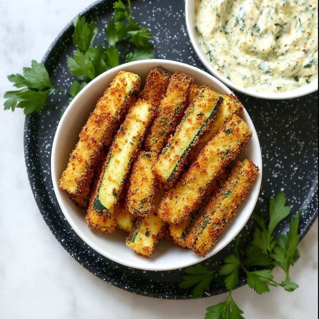 A white bowl filled with golden brown zucchini sticks stacked in layers, each stick showing a crispy, textured surface golden with herbs and small green flecks from the skin lining the sides. Coarse salt crystals are scattered on top, adding sparkle. In the background, a white bowl with a creamy sauce lightly topped with small green herb pieces sits on a white marbled surface. A blurred light gray cloth is partially visible behind the bowl. Photo taken with an iphone --ar 1:1 --v 7 — Crunchy Air Fryer Zucchini Fries, healthy zucchini fry recipes, crispy vegetable fries, quick air fryer snack, homemade zucchini fries