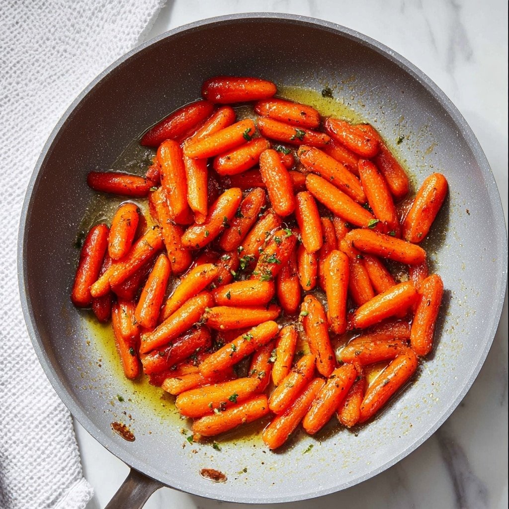 A close-up view of roasted carrots placed in a round shiny metal pan, the carrots are cut into different sizes showing a bright orange color with some darker brown char marks. Small green herb leaves are scattered on top of the carrots, adding color contrast. The carrots look glossy with a light oil or glaze, making them appear soft and flavorful. The pan sits on a white marbled surface, enhancing the warm colors of the carrots. photo taken with an iphone --ar 1:1 --v 7 — Honey Roasted Carrots, Honey Roasted Carrots Recipe, Carrot Side Dish, Easy Roasted Carrots, Healthy Vegetable Side