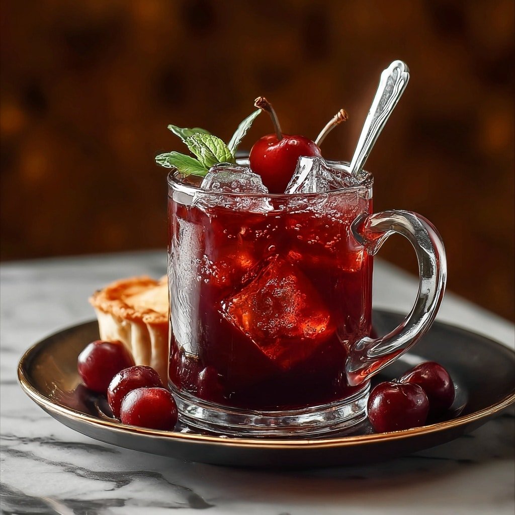 A clear glass mug filled with dark red liquid and large ice cubes, topped with two shiny red cherries and a green mint leaf. A silver spoon sticks out from the drink. The mug sits on a dark plate with a golden rim, resting on a white marbled surface. Around the plate are more cherries and a small piece of light golden pie. The background is softly blurred with warm brown tones. Photo taken with an iphone --ar 1:1 --v 7 — Cherry Iced Tea, Black Tea with Cherry, Refreshing Cherry Iced Tea, Homemade Cherry Iced Tea, Summer Cherry Iced Tea