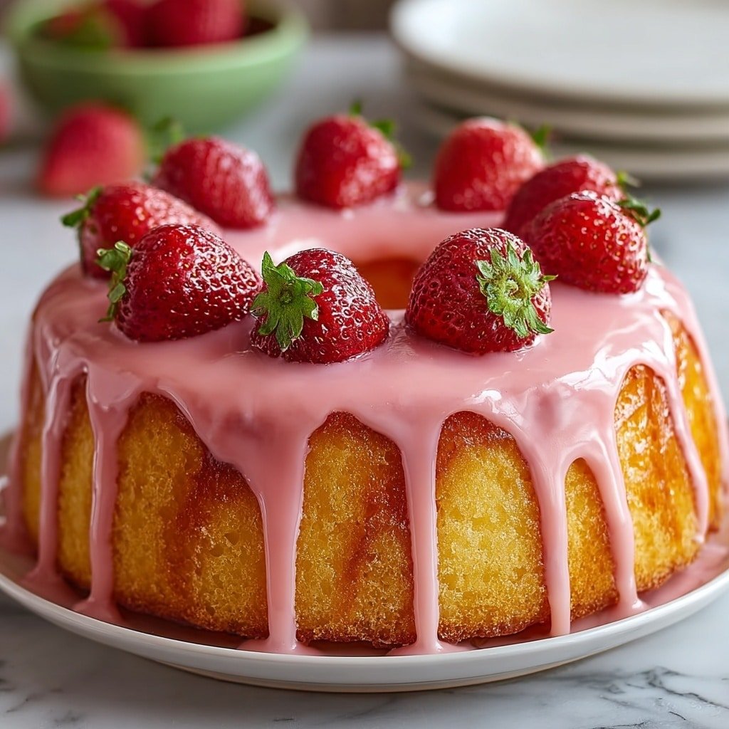 A round bundt cake with a golden-brown, slightly textured outer layer sits on a white plate. The cake is covered with a smooth pink glaze that drips down the sides in thick, even streams. On top of the cake, there is a ring of whole red strawberries with green leaves, spaced evenly around the hole in the center. The cake is placed on a white marbled surface with a blurred background of more strawberries and green plants. photo taken with an iphone --ar 1:1 --v 7 — Strawberry Pineapple Pound Cake, fruity pound cake recipe, easy summer dessert, tropical fruit Bundt cake, homemade pound cake with fruit
