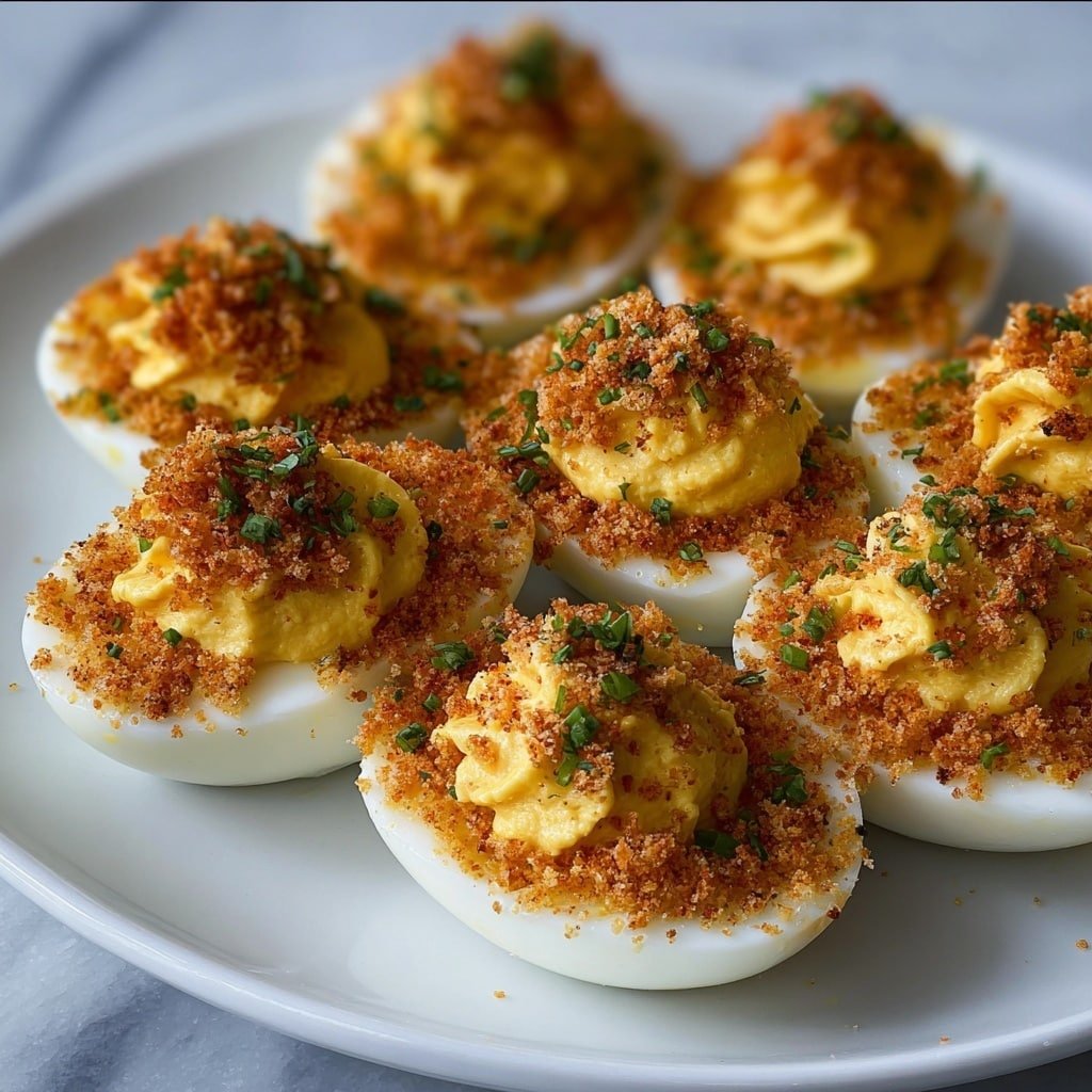 The image shows a white plate filled with deviled eggs arranged closely together. Each egg has two layers: a smooth white egg white base, and a thick, creamy yellow yolk mixture piped on top in a rounded mound. The edges of the egg whites have a crispy golden-brown breadcrumb crust that extends slightly outward, giving a crunchy texture. The yolk layer is sprinkled with finely chopped green herbs and more toasted breadcrumbs, adding garnish and color contrast. The plate sits on a white marbled surface. photo taken with an iphone --ar 1:1 --v 7 — Spicy Cajun Bayou Deviled Eggs, Cajun deviled eggs recipe, spicy appetizer ideas, Cajun-inspired party snacks, flavorful deviled eggs