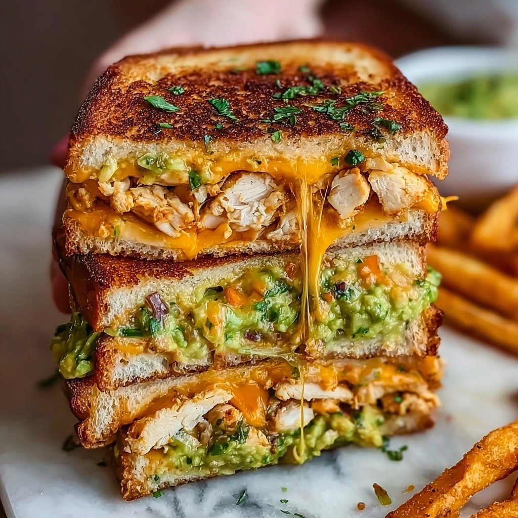 The image shows a close-up of a sandwich cut into three stacked halves. Each sandwich half has crispy toasted light brown bread on the top and bottom with a soft, airy inside. Inside, layers of shredded orange-colored chicken with sauce are visible, over slices of creamy green avocado, melted white cheese, and thin slices of cucumber. The sandwich is placed on a white plate with a white marbled background. Small bits of avocado and sauce can be seen around the plate. Photo taken with an iphone --ar 1:1 --v 7 — Grilled Chicken Avocado Sandwich, chicken and avocado sandwich, easy grilled chicken sandwich, healthy lunch ideas, simple sandwich recipes