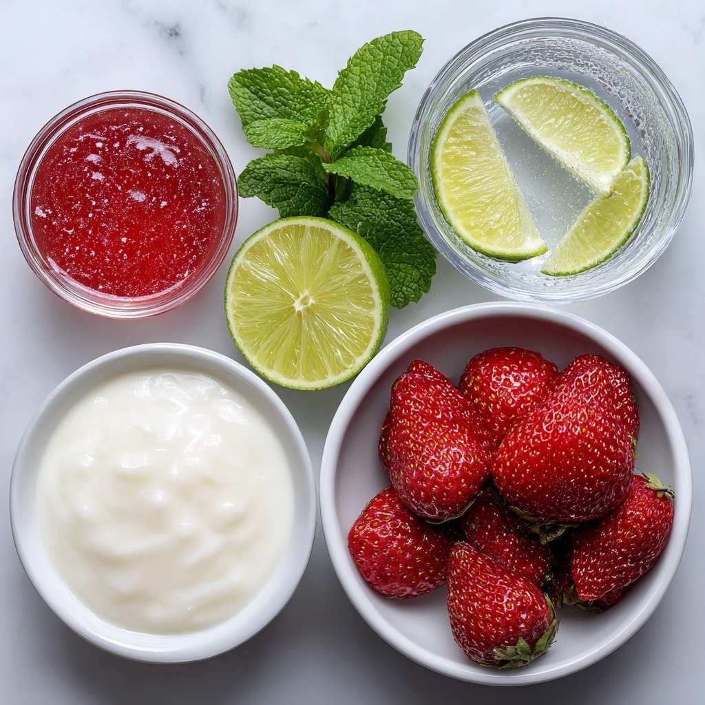 Flat lay of a small white bowl with creamy coconut milk, a small white bowl filled with bright pink strawberry syrup, a small white bowl of pale pink grapefruit juice, a cluster of fresh halved strawberries, a few vibrant green mint leaves arranged neatly, several lime wedges with bright green skins and juicy interiors, and a whole white ceramic bowl filled with clear soda water, placed on a clean white marble surface, soft natural light, photo taken with an iPhone, professional food photography style, fresh ingredients, white ceramic bowls, no bottles, no duplicates, no utensils, no packaging --ar 1:1 --v 7 --p m7354639359234015250 — Pink Coconut Mojito, tropical pink mojito, strawberry coconut cocktail, refreshing pink mojito, easy coconut mojito
