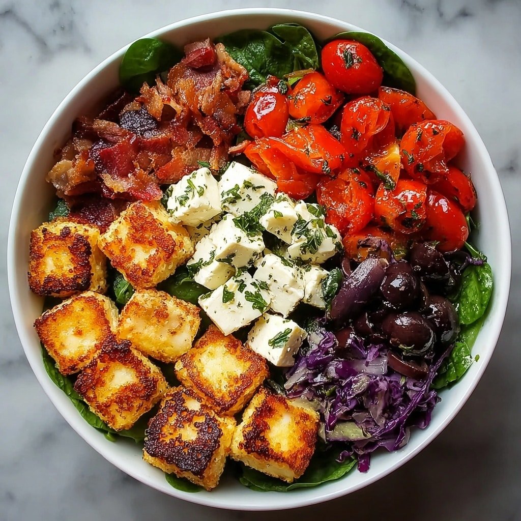 A white bowl is filled with a colorful salad arranged in layers and sections on a white marbled surface. The base layer is fresh green leafy spinach, topped on one side by sliced light green cucumbers. Next to the cucumbers are chunky white cheese cubes sprinkled with herbs. Above the cheese are golden brown, pan-fried rounds of halloumi cheese, crisp on the edges. On another side, bright red cherry tomatoes are halved and scattered over the greens. Purple sliced onions are laid beside the tomatoes, adding contrast. The salad shows a combination of smooth, soft, and crunchy textures with fresh and warm colors. photo taken with an iphone --ar 1:1 --v 7 — Crispy Halloumi Greek Power Bowl, Greek power bowl with halloumi, healthy Mediterranean bowl, quick veggie and halloumi bowl, easy Greek-inspired lunch